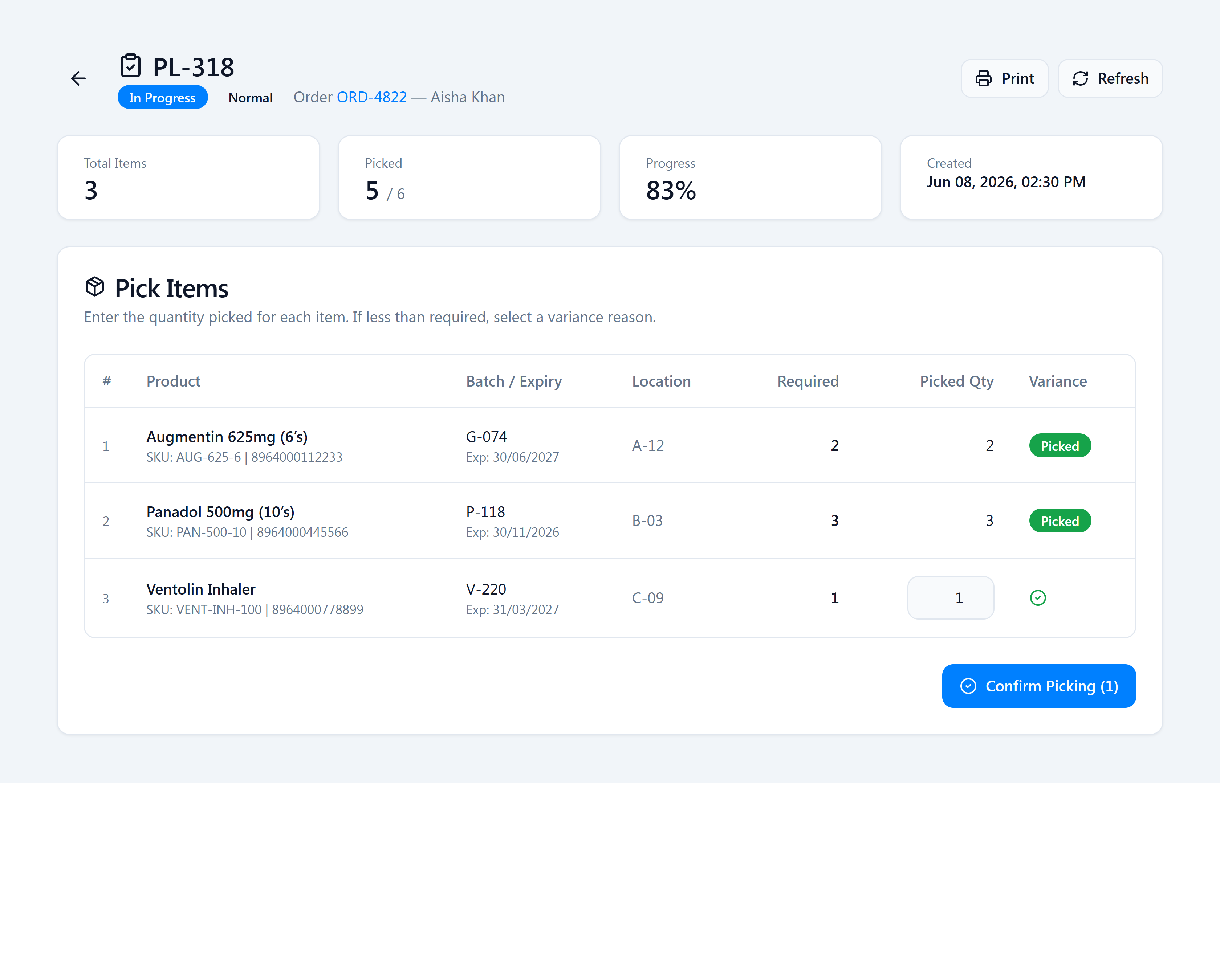 The picklist in picking mode with per-line picked quantity and variance