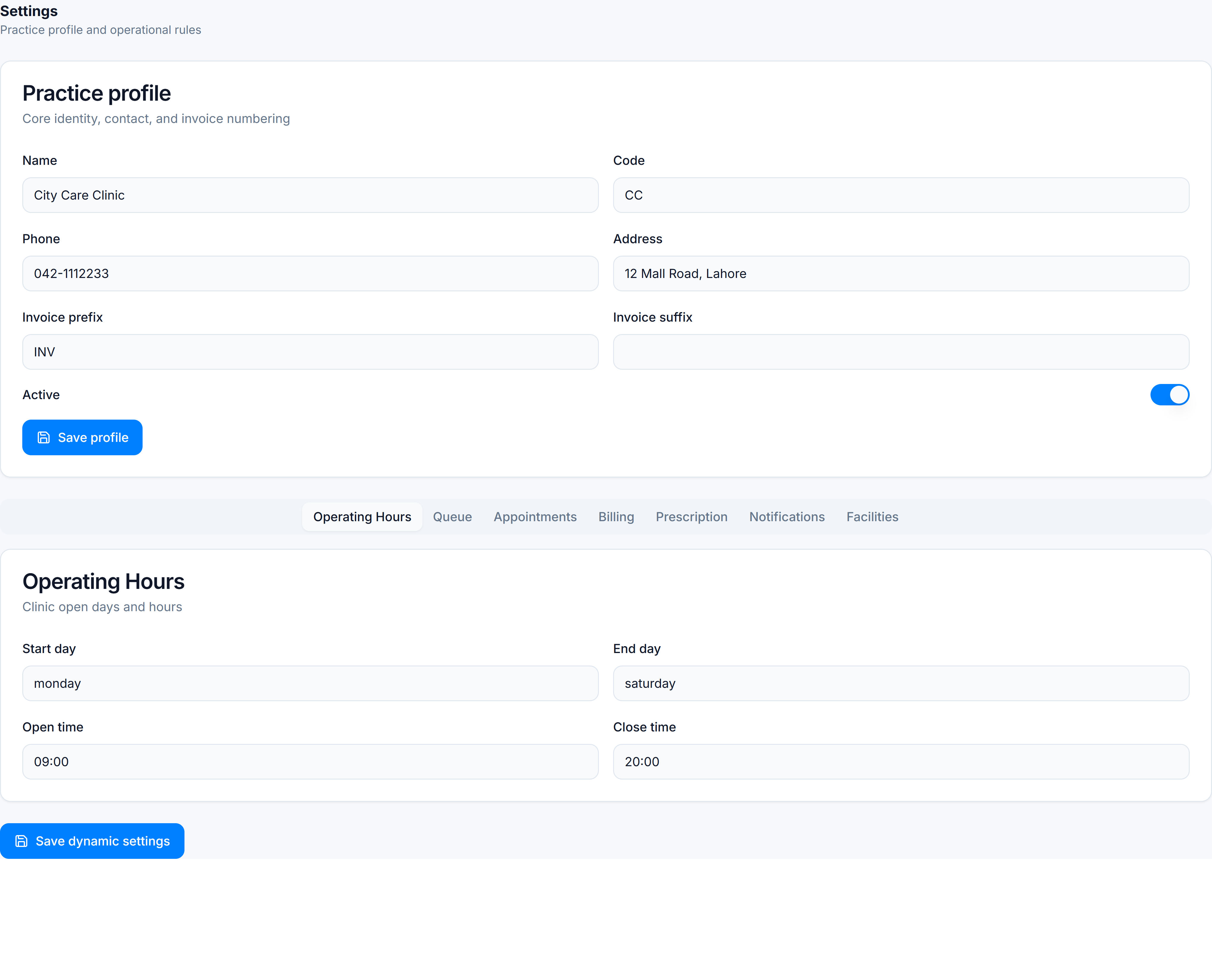 Practice settings — profile fields and tabbed operational rules