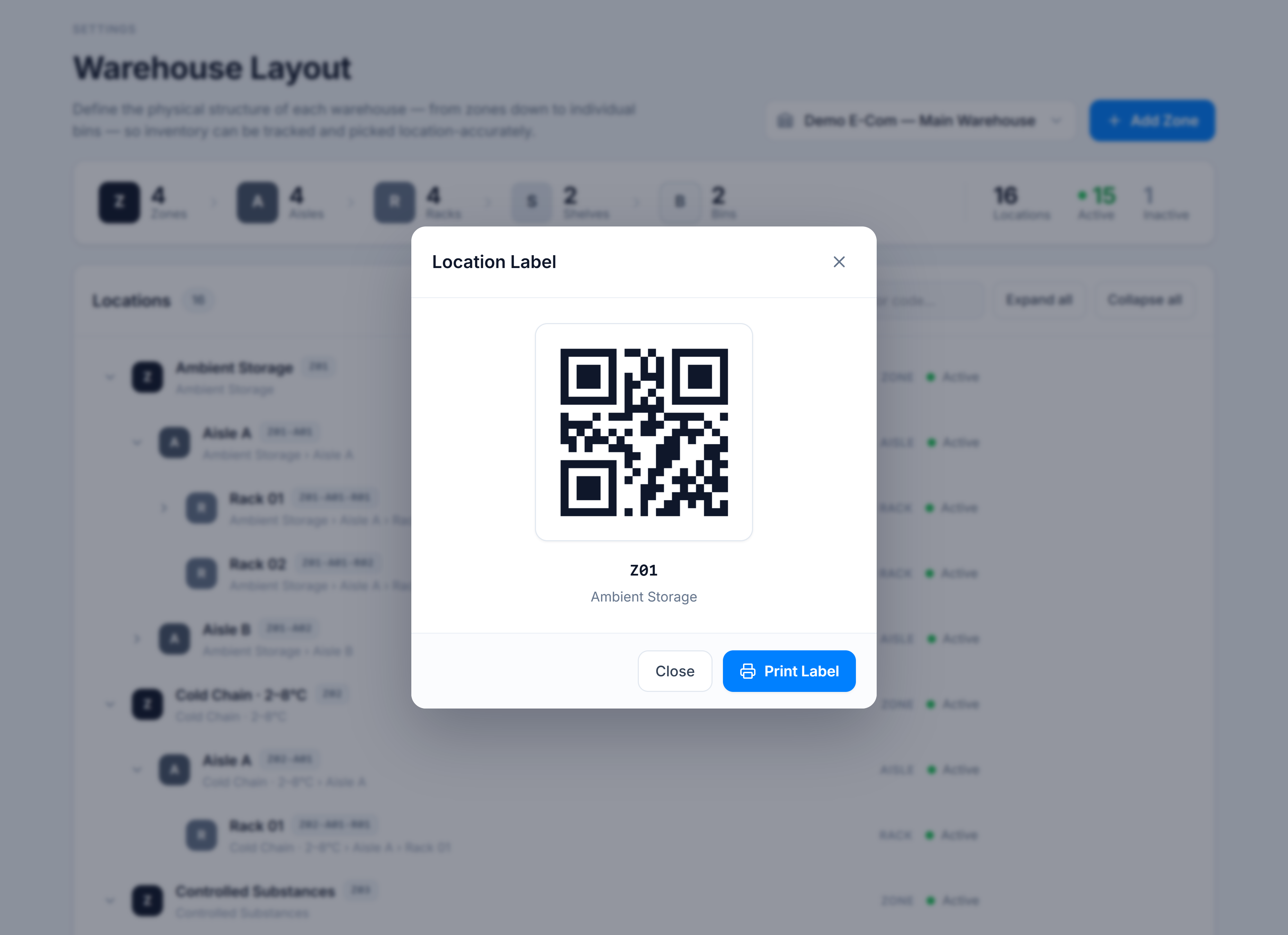 Location Label dialog with a QR code and Print Label