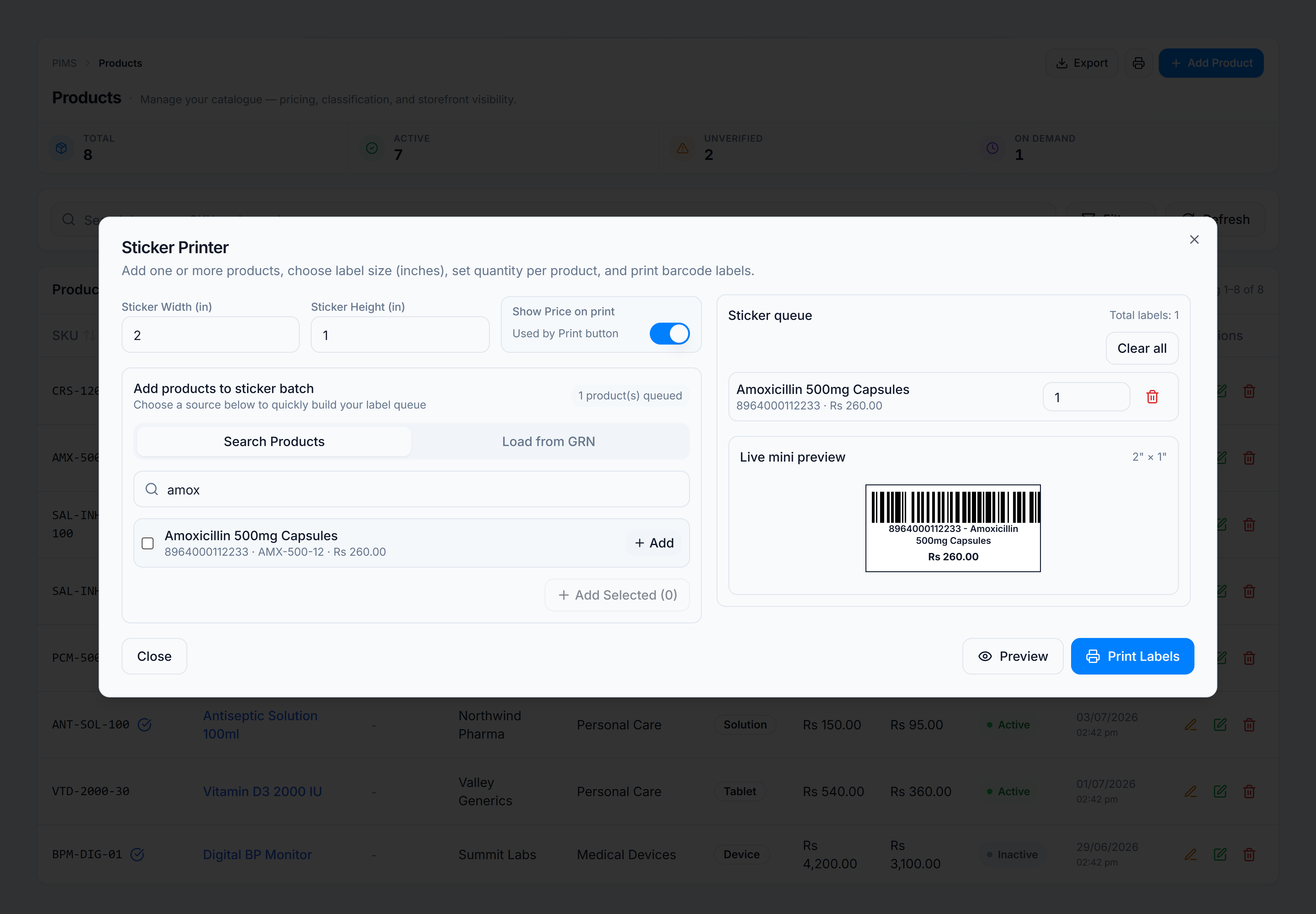 Sticker Printer dialog with label size controls, product search, sticker queue, and live mini preview