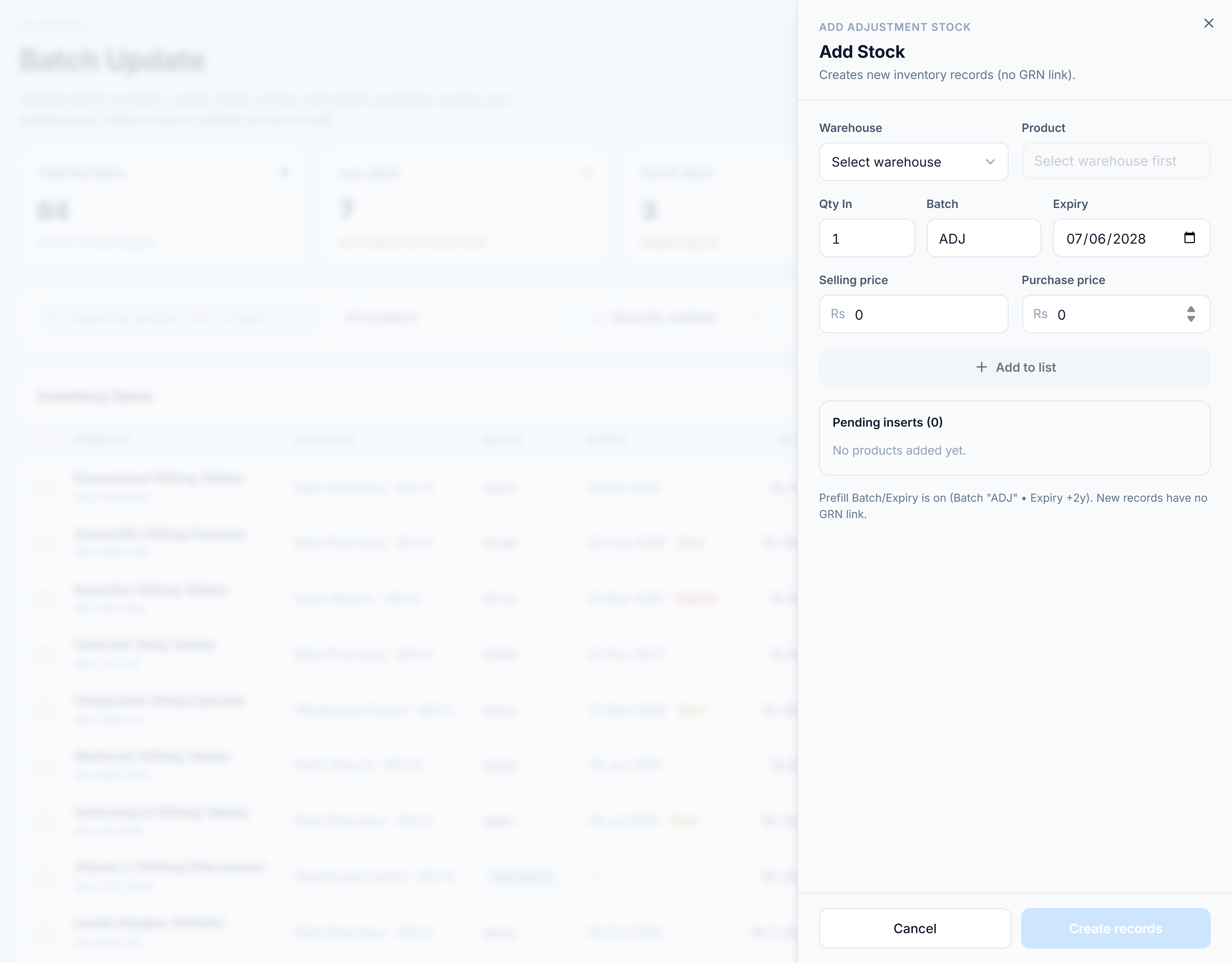 Add Stock drawer — warehouse and product selectors, Qty In, Batch and Expiry fields, selling and purchase prices, an Add to list button, and a Pending inserts list