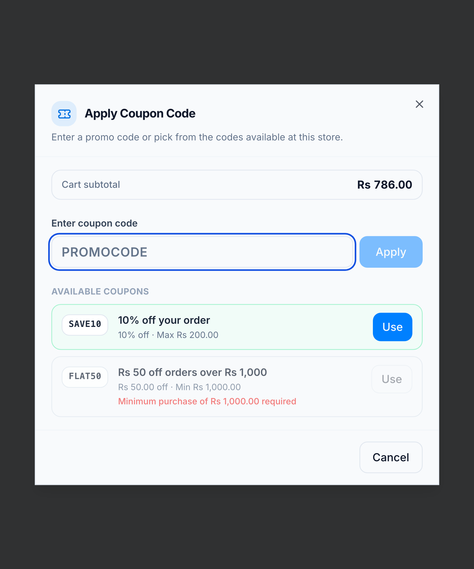 Apply Coupon Code dialog with a code field and a list of available coupons