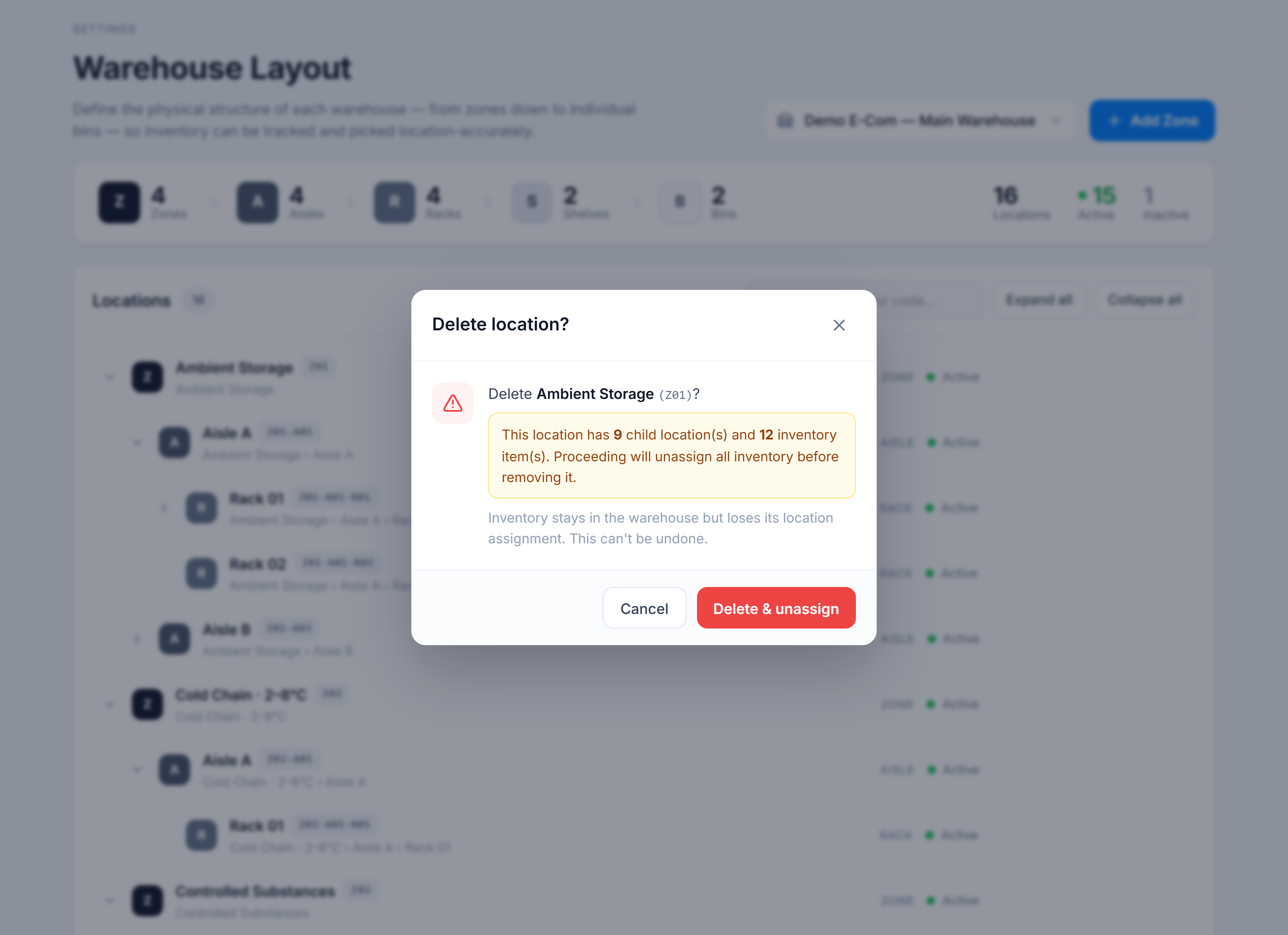 Delete location dialog — a warning listing child locations and inventory items affected, with Cancel and Delete & unassign