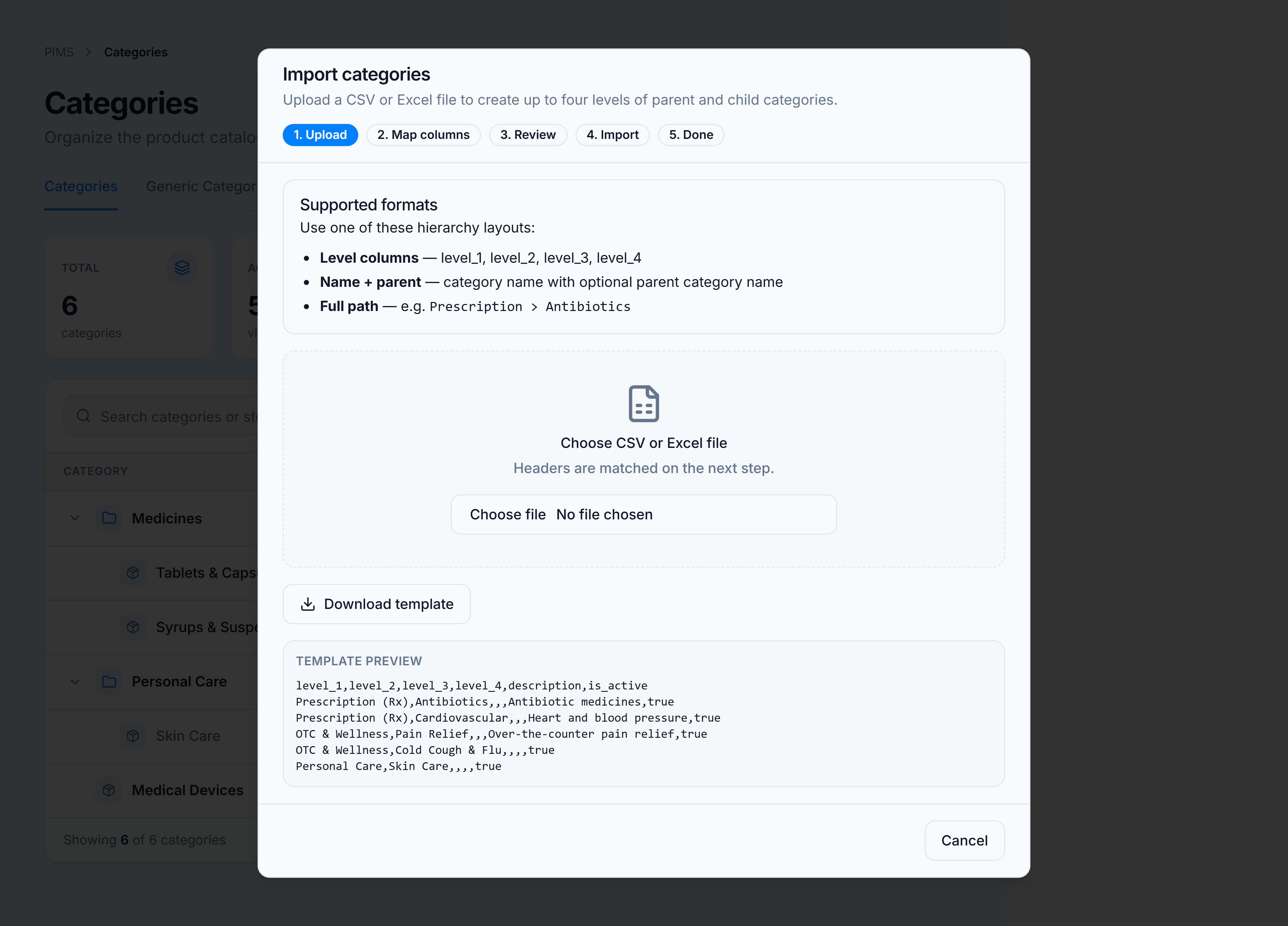 Import categories dialog — upload step with supported hierarchy formats and template download