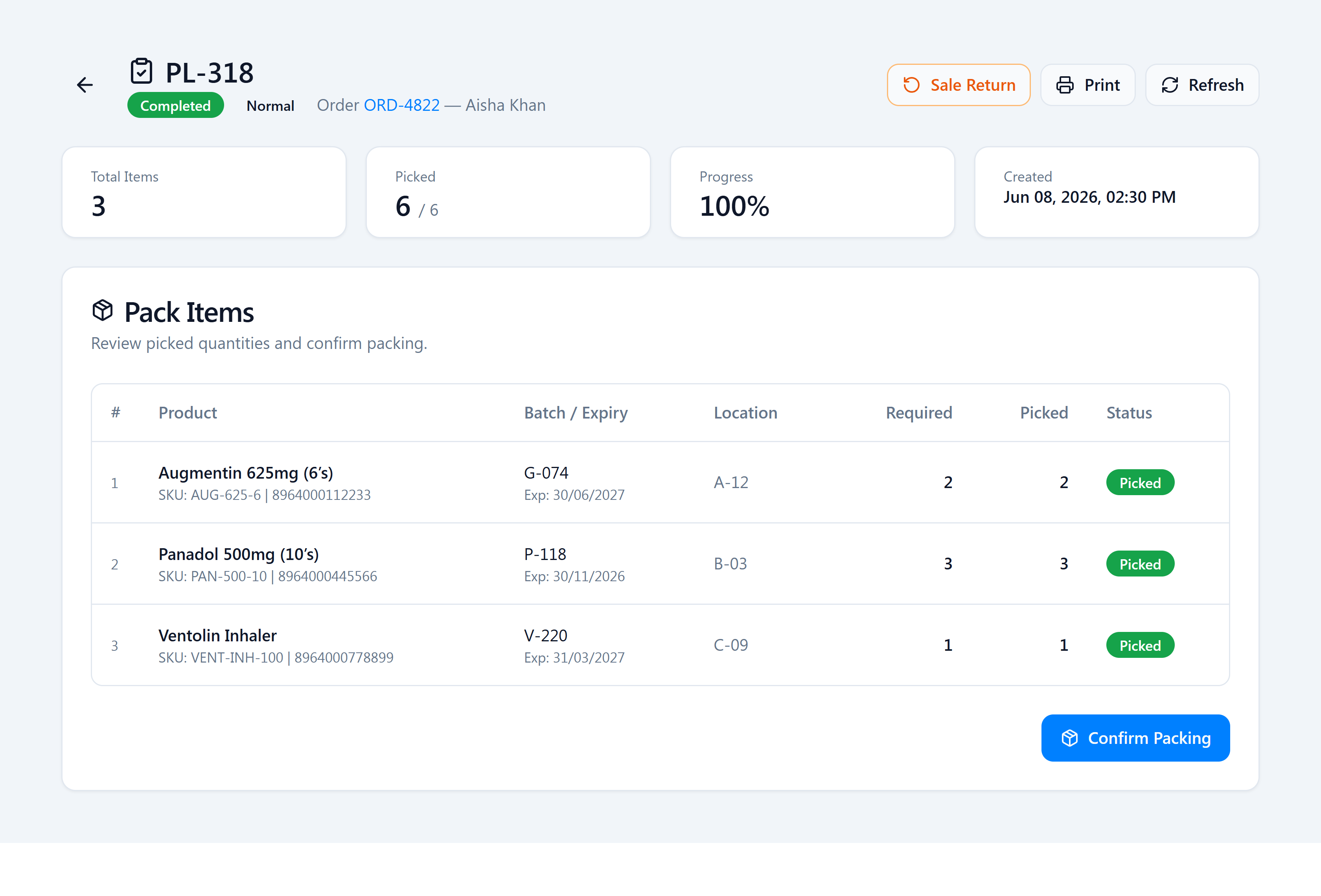 The picklist in packing mode showing picked items ready to confirm