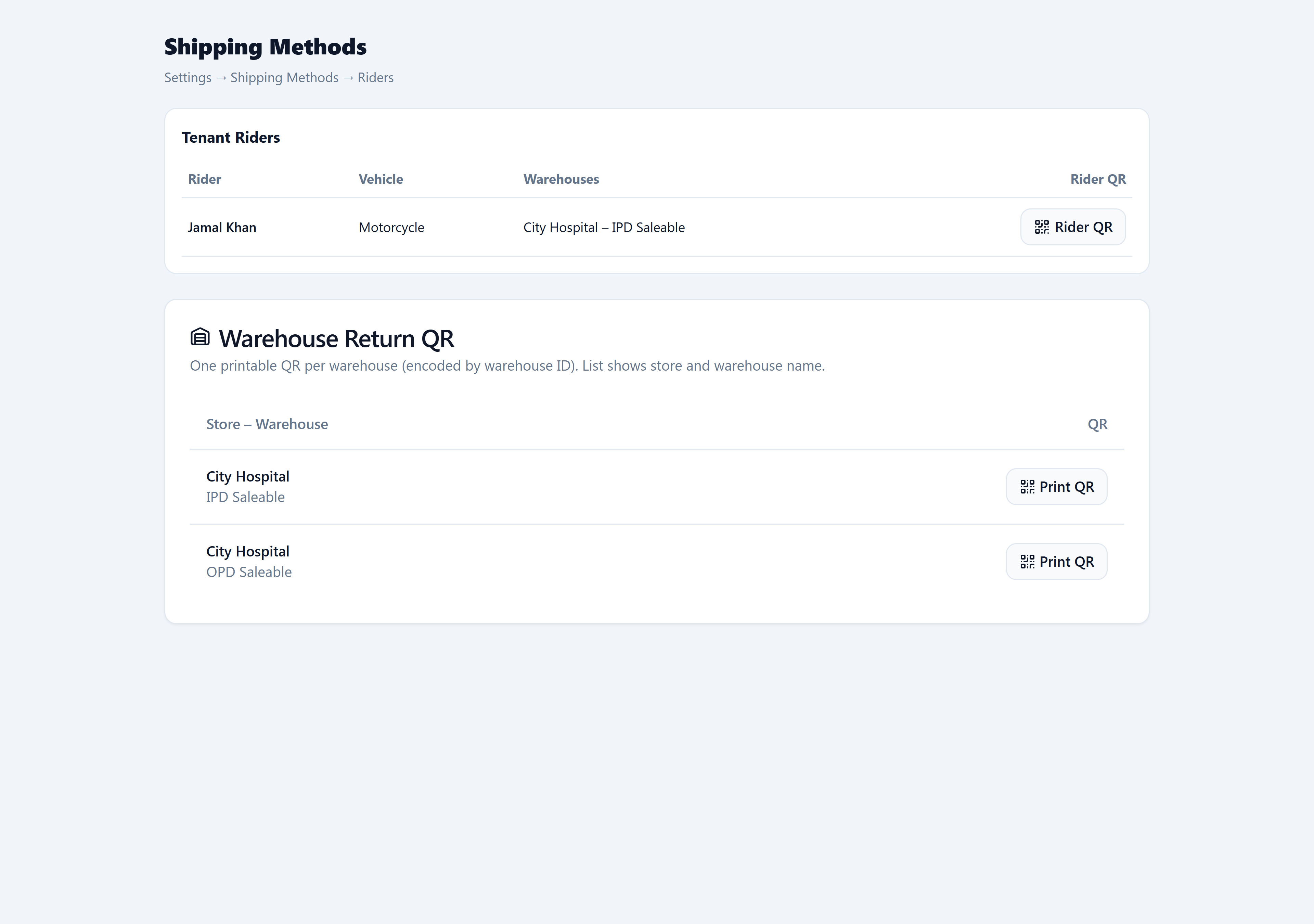 Settings Shipping Methods Riders tab with Rider QR column and Warehouse Return QR card