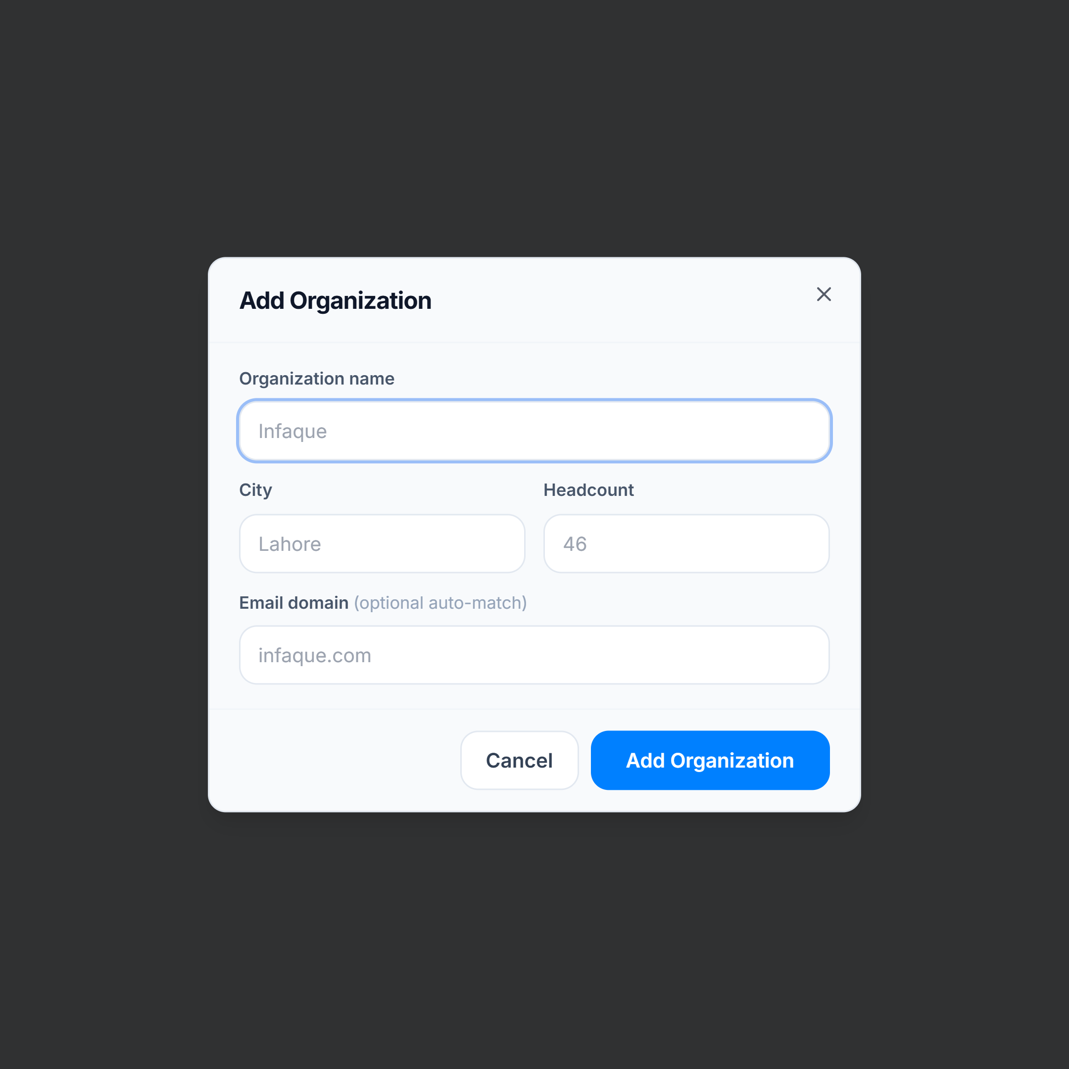 Add Organization dialog