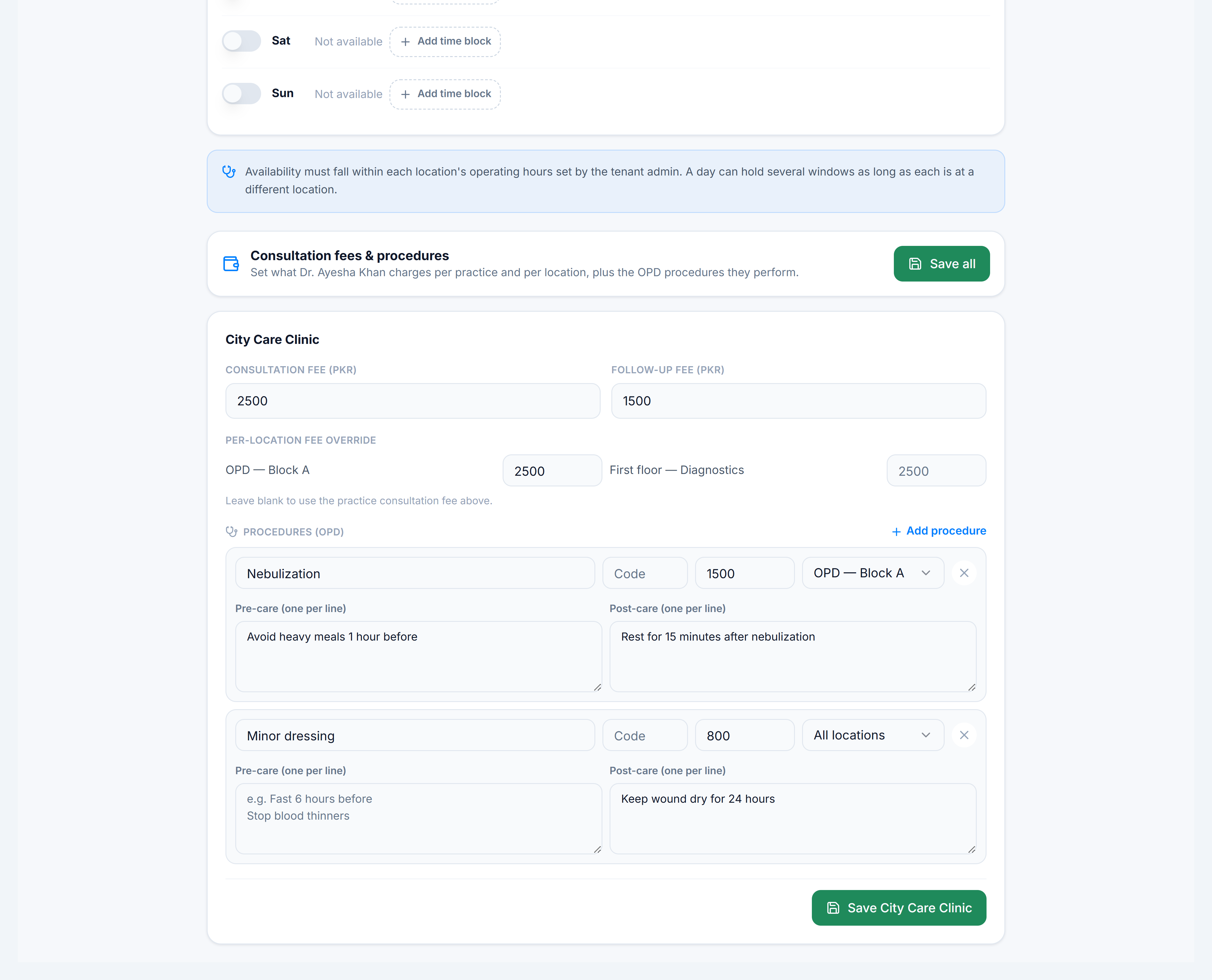 Consultation slots — weekly availability grid and fee editor