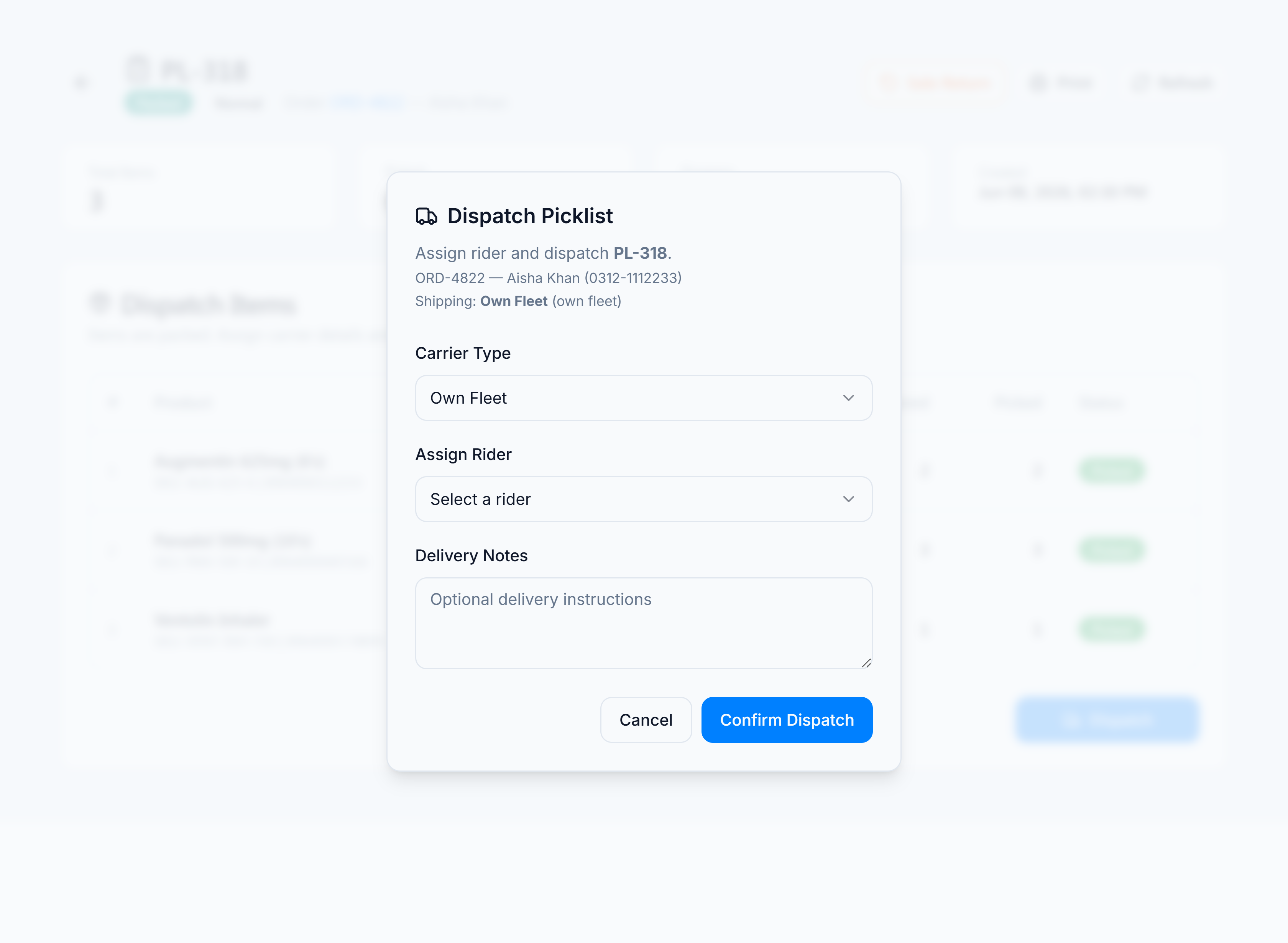The Dispatch dialog with carrier type and assign-rider
