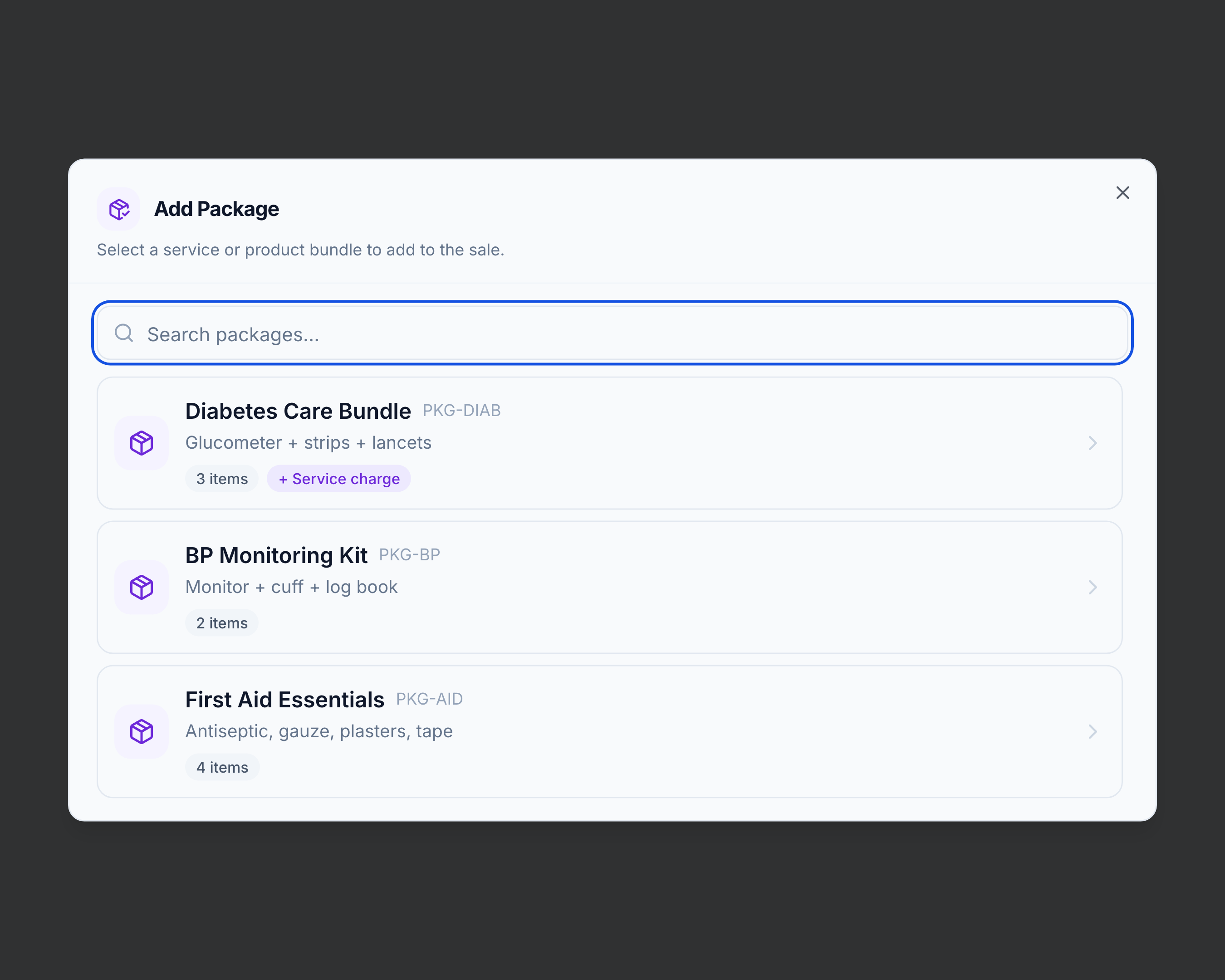 Add Package dialog listing service and product bundles with item counts