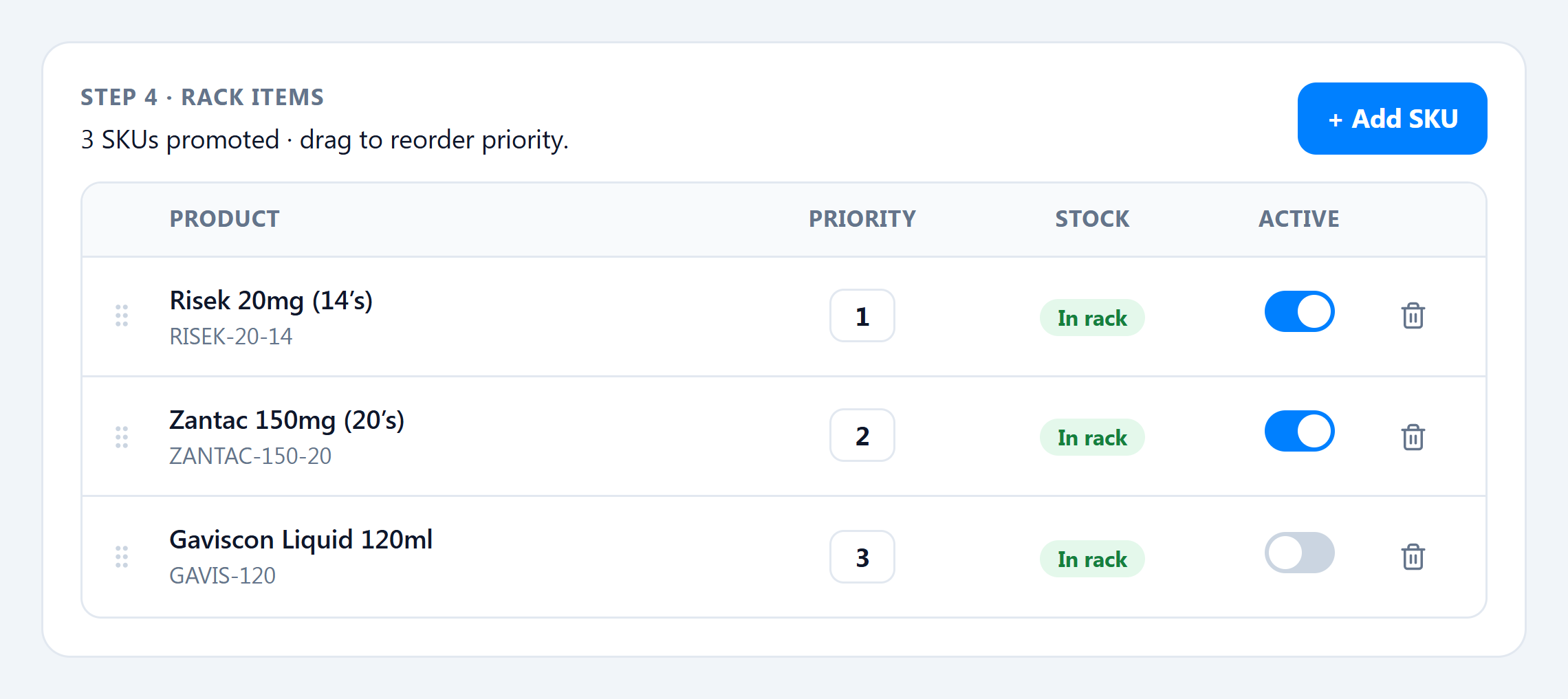 Rack items step — promoted SKU table with priority, stock, active toggle, and Add SKU
