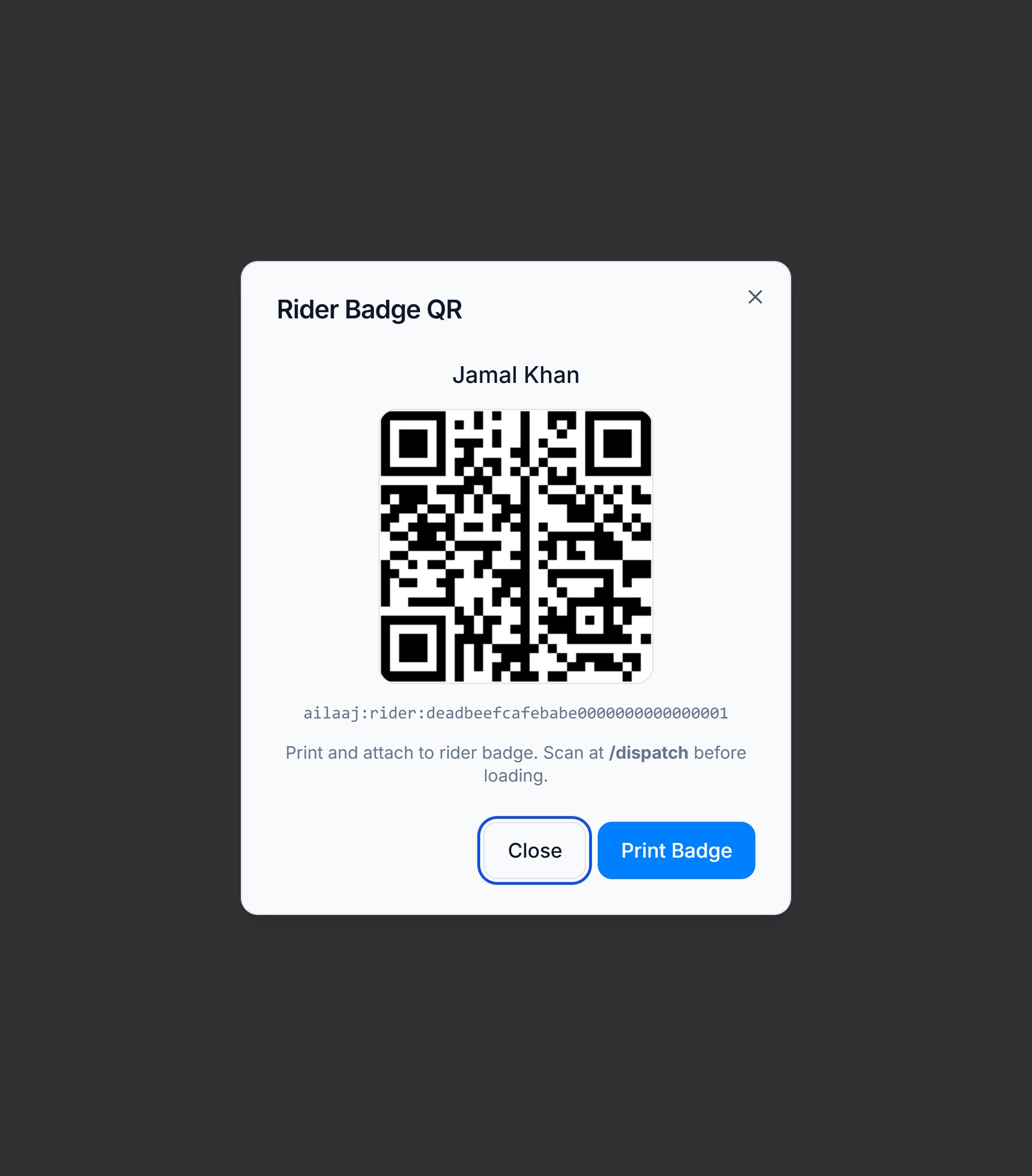 Rider badge QR print dialog