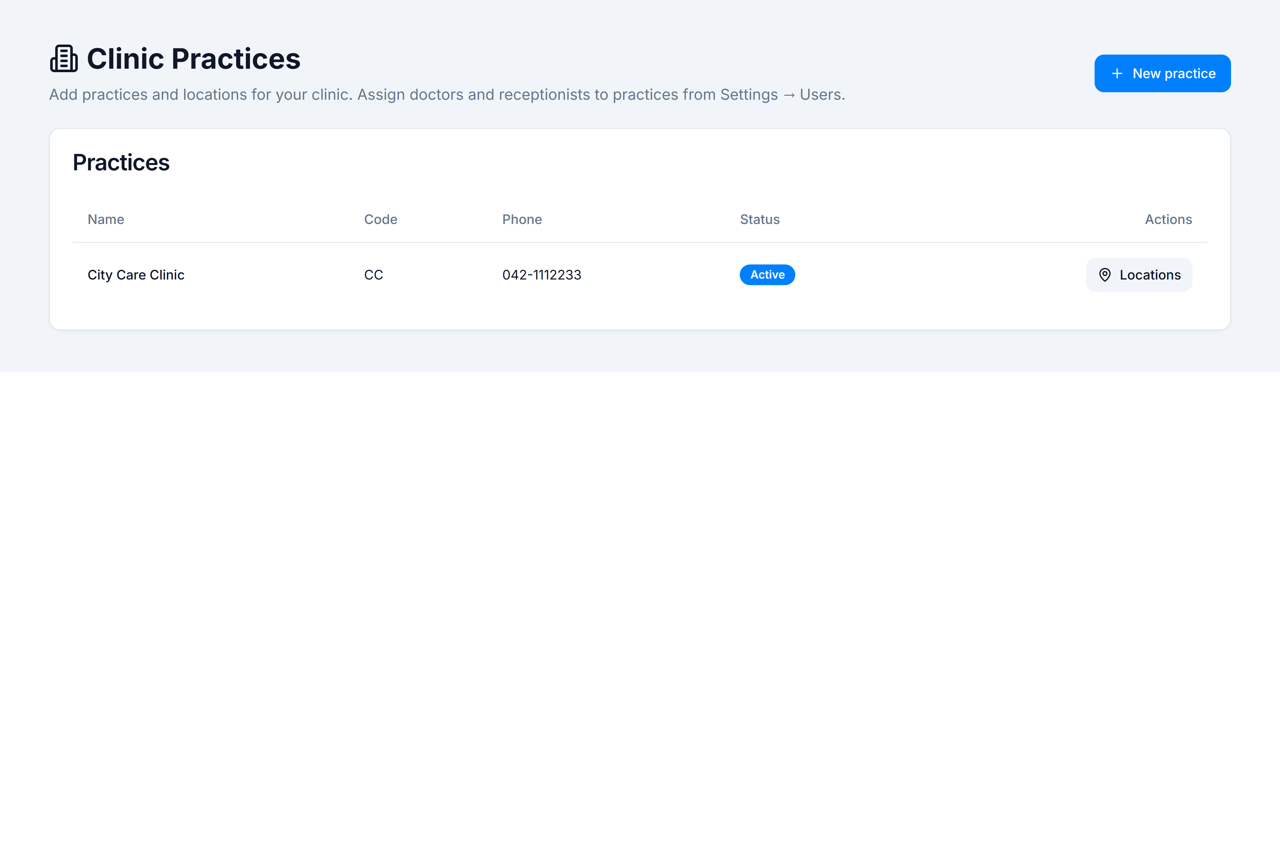 Settings — Clinic Practices with New practice button