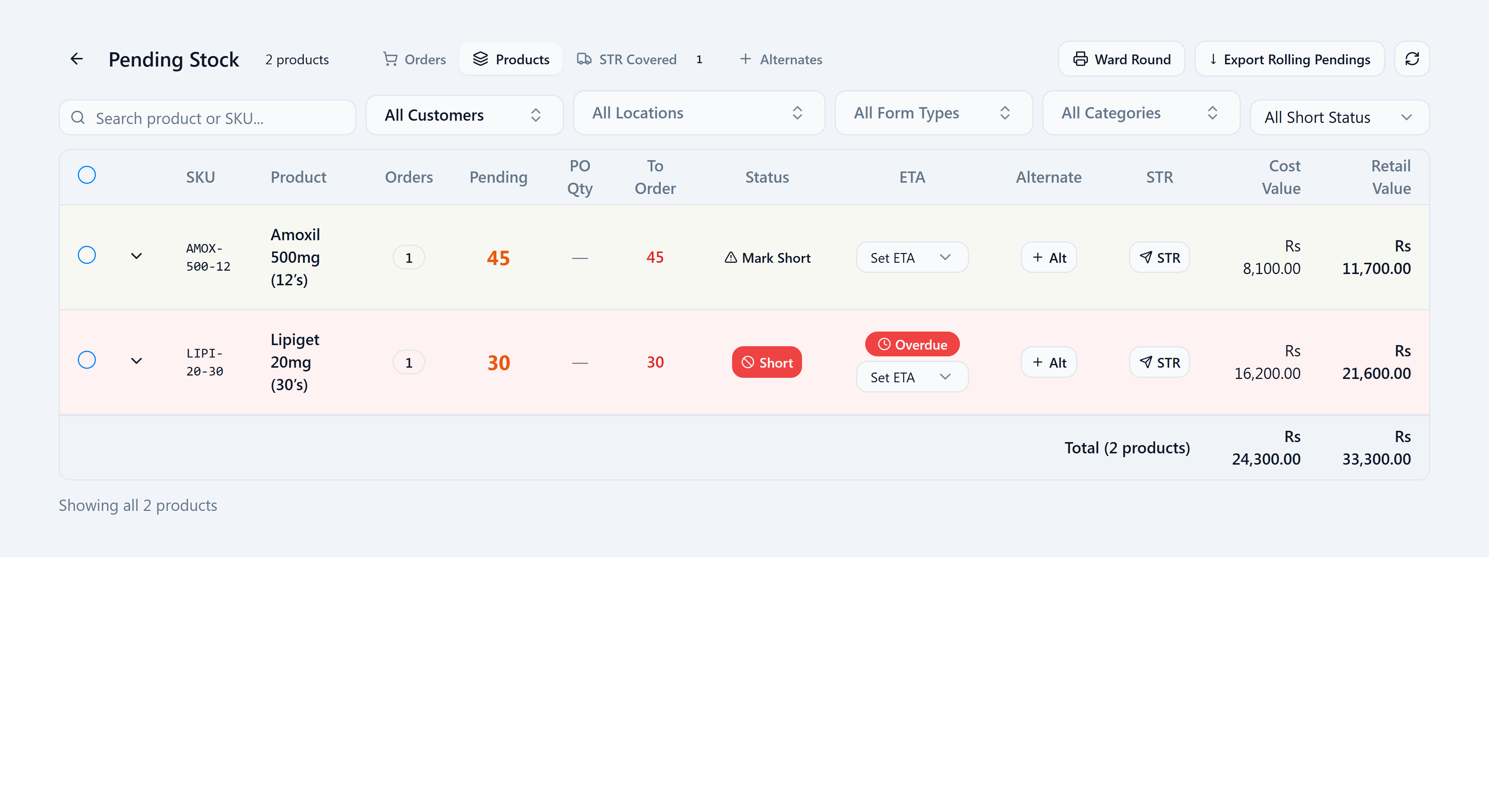 The Pending Stock screen, Products tab, with action tags