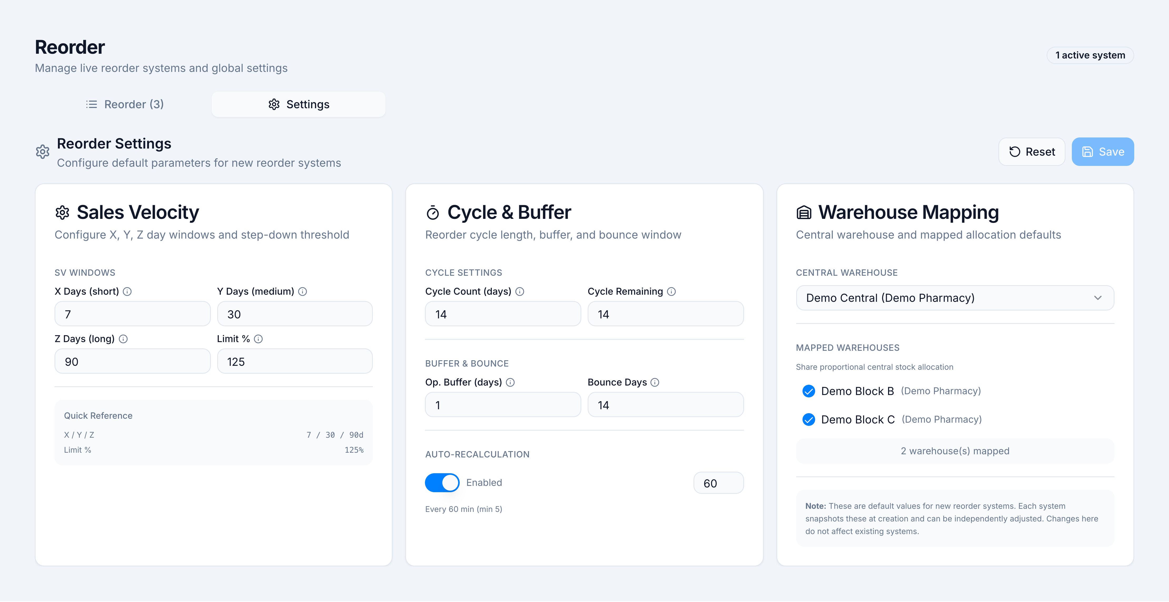 Reorder Settings cards for sales velocity, cycle and buffer, and warehouse mapping