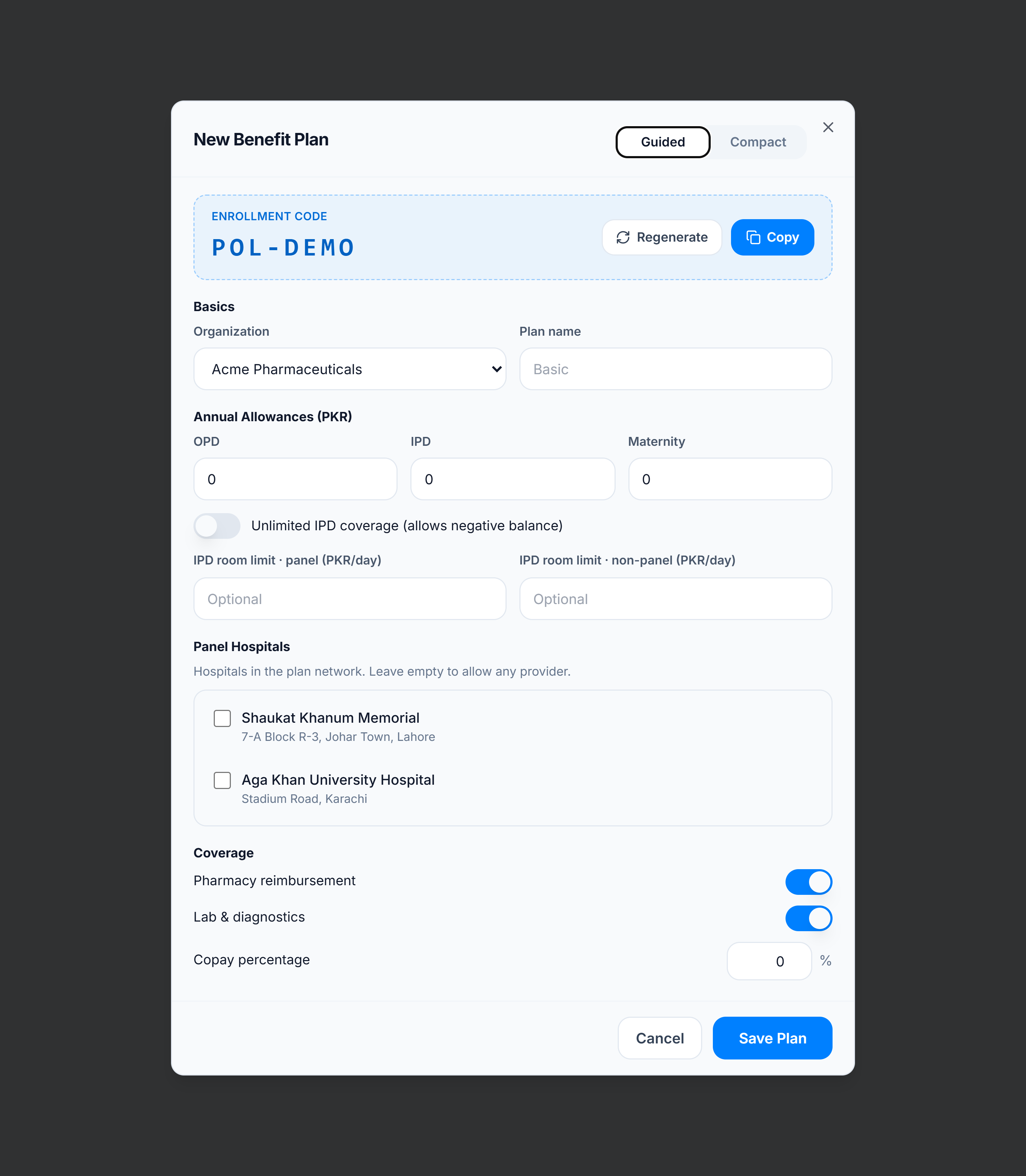 New Benefit Plan dialog