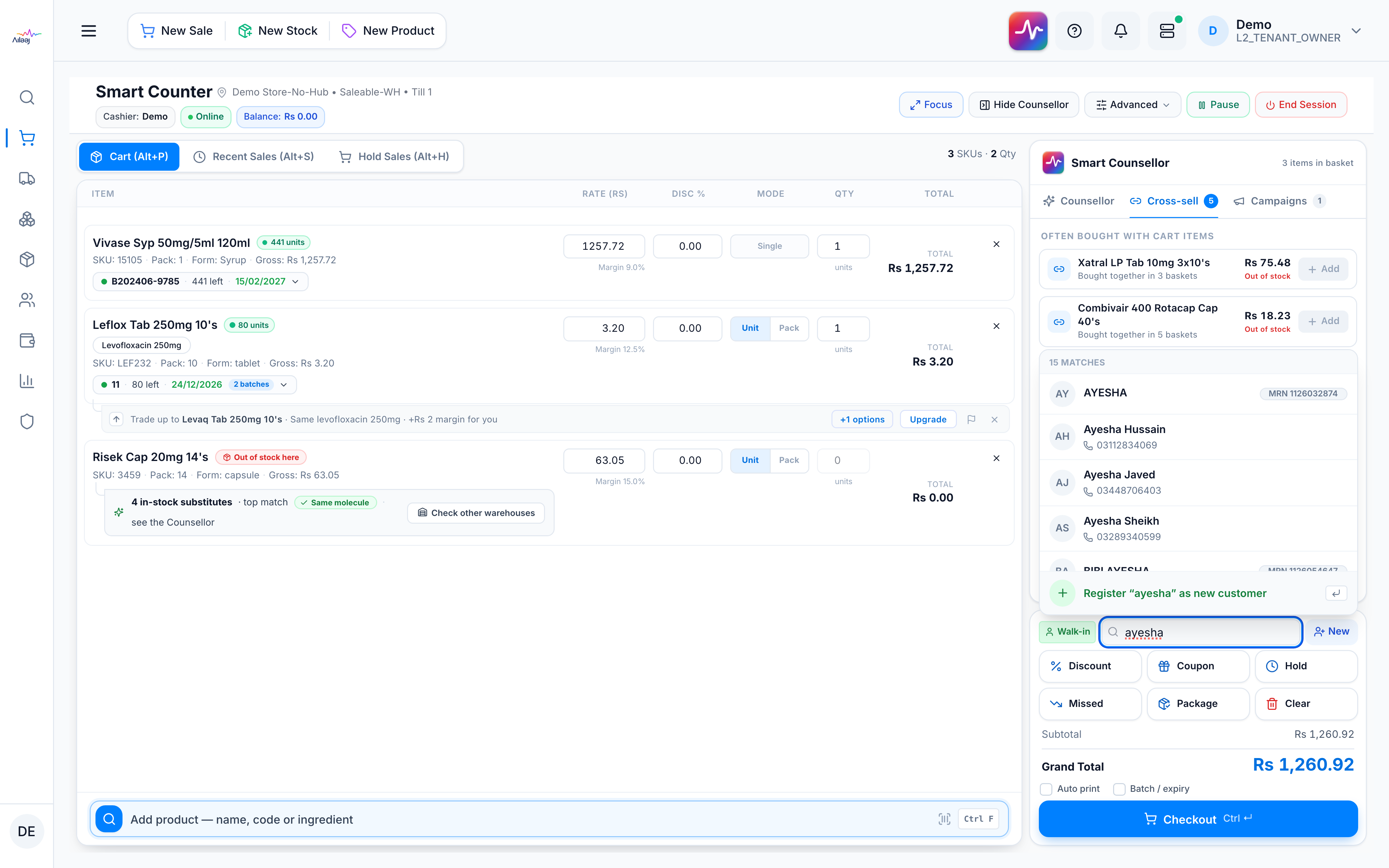 Customer search dropdown listing matching customers by name, phone, and MR#