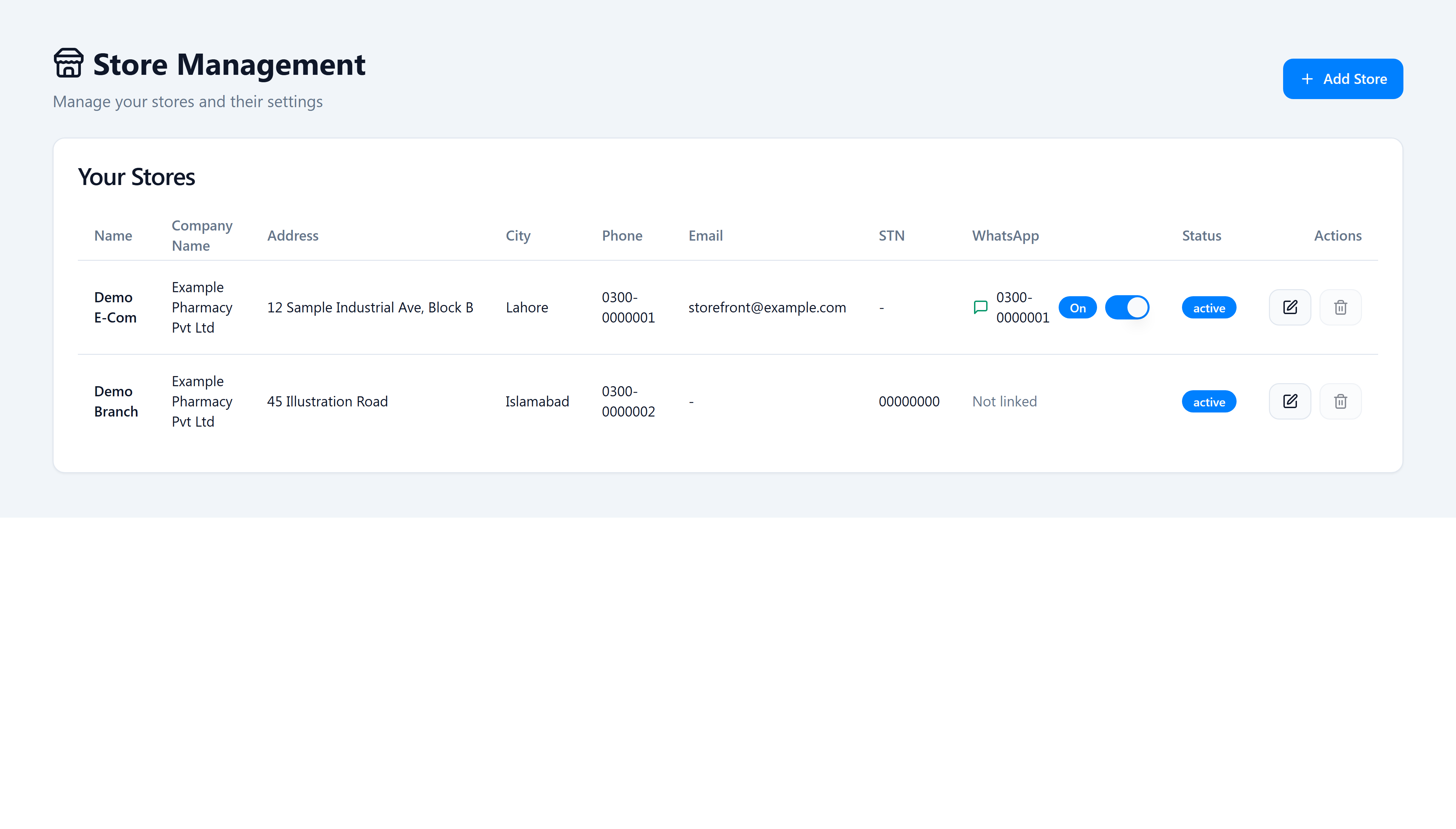 Settings Stores table with WhatsApp column showing fixture store Demo E-Com linked On and Demo Branch Not linked
