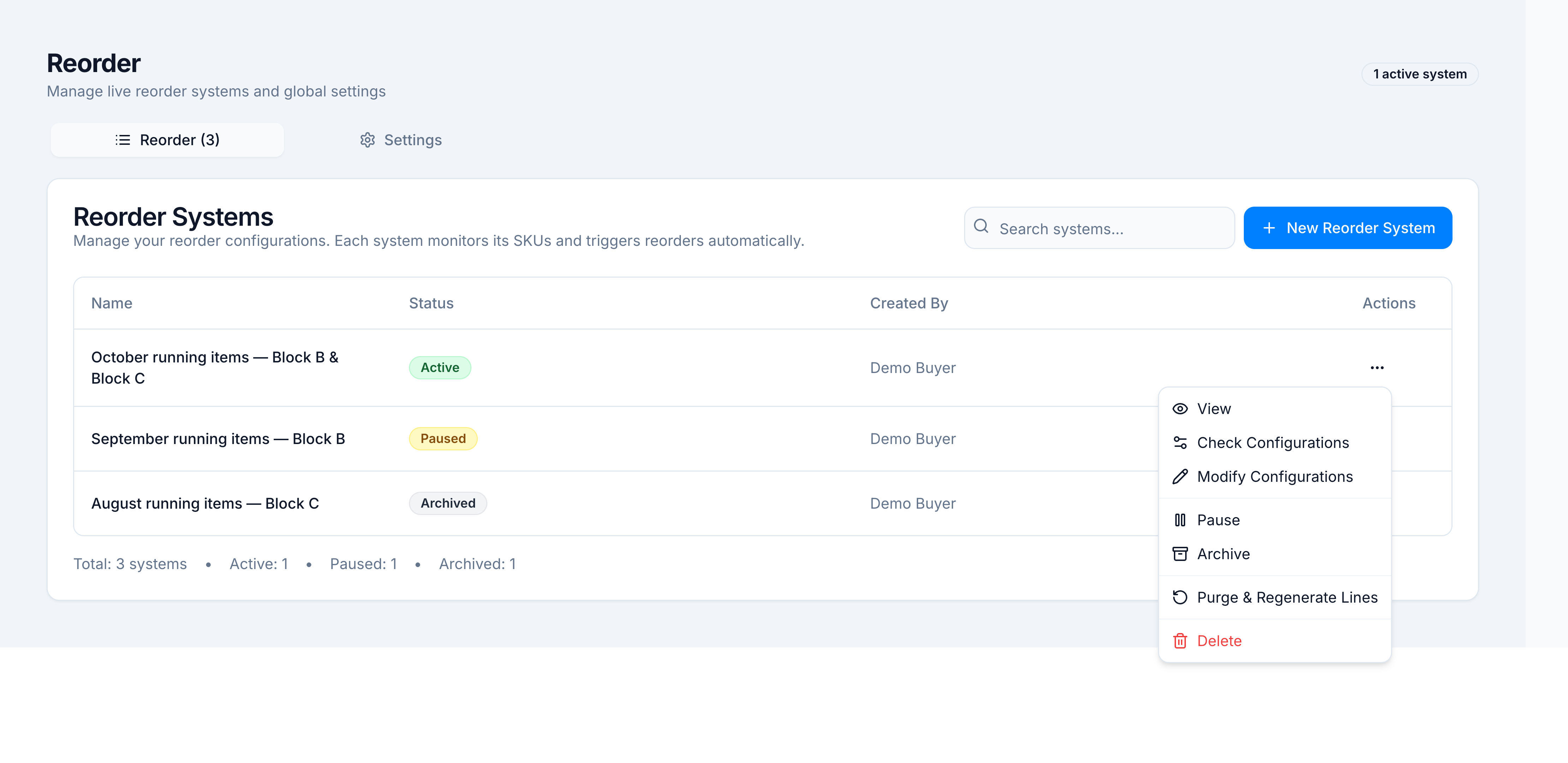 Row menu with Modify Configurations, Pause, Archive, Purge and Regenerate Lines, and Delete