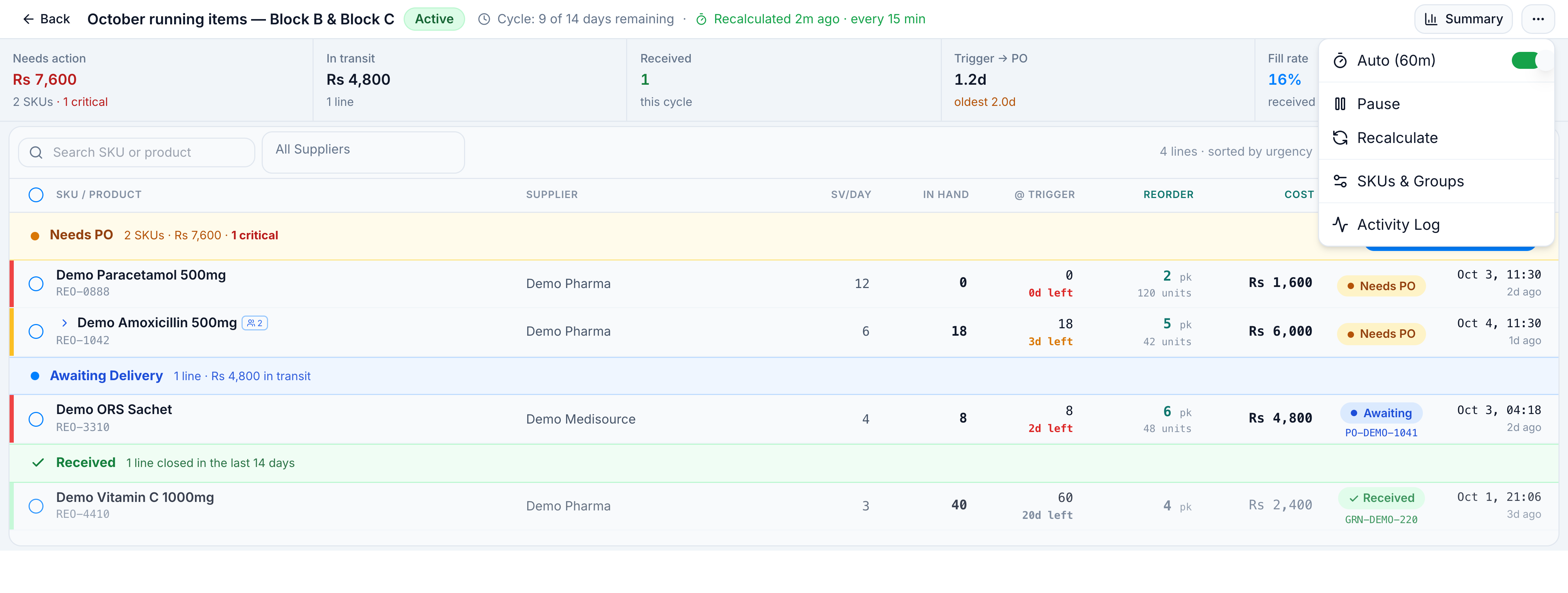 Detail menu with Auto 60m, Pause, Recalculate, SKUs and Groups, and Activity Log