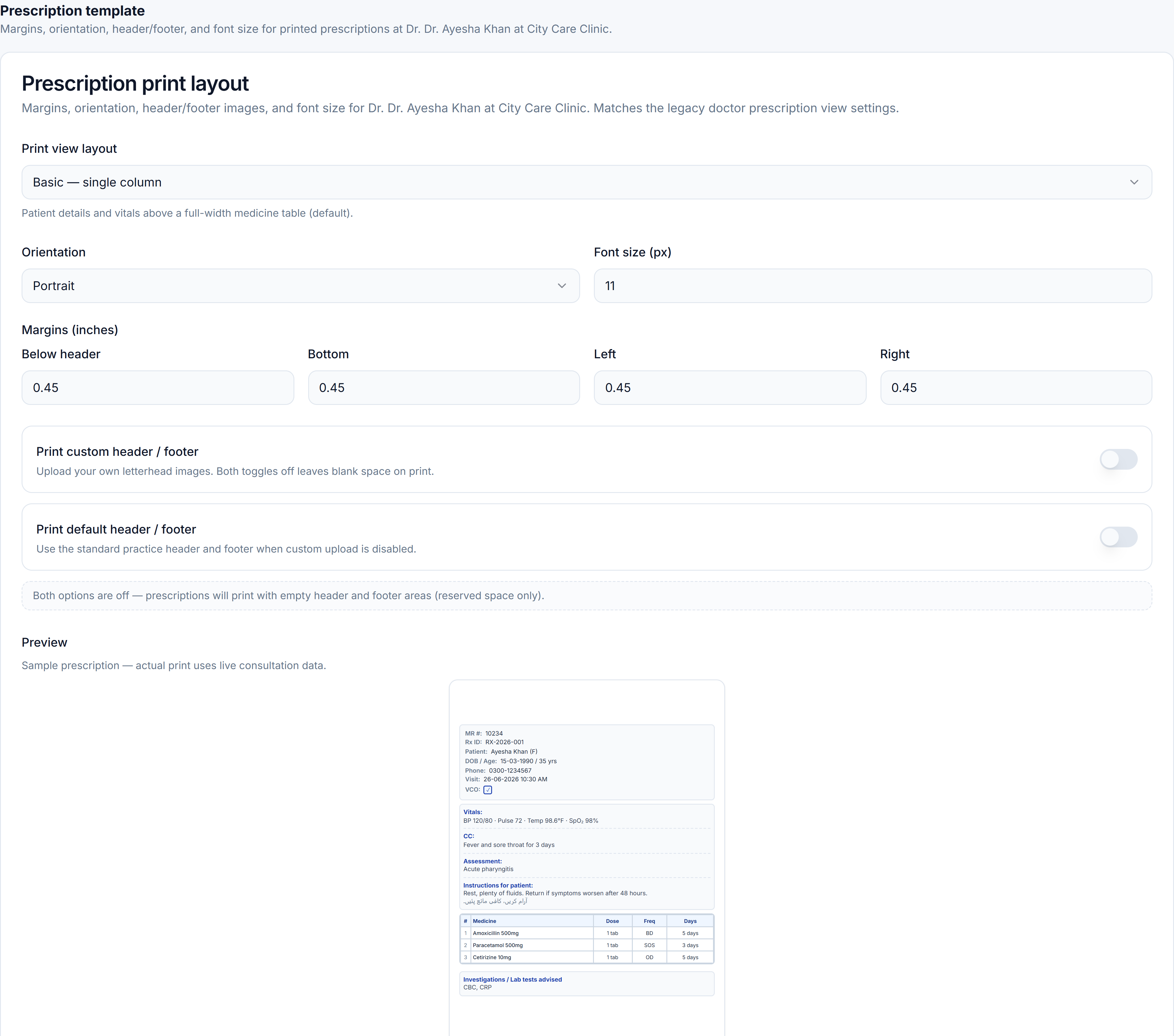 Prescription print layout editor — margins, orientation, header/footer