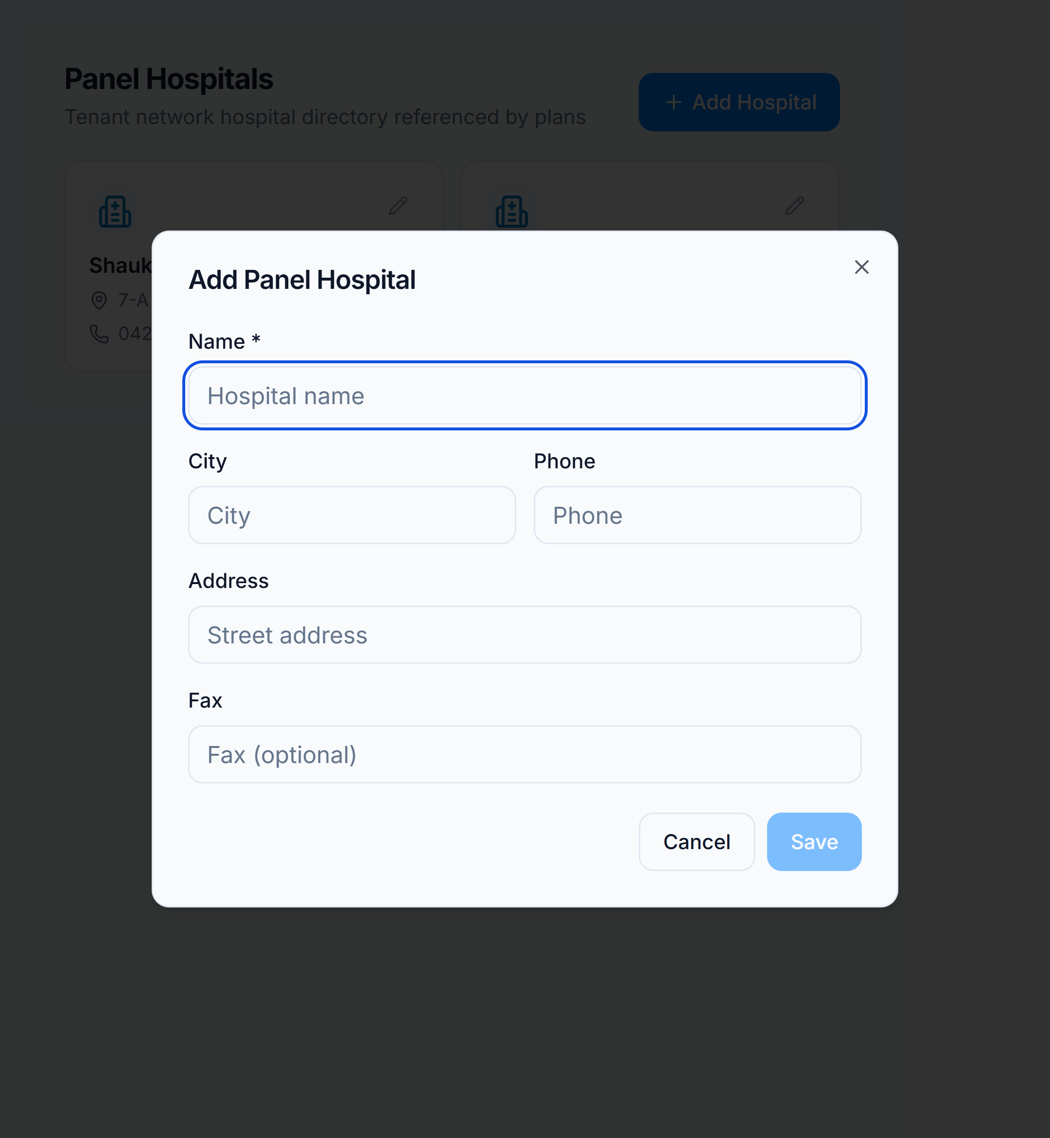 Add Panel Hospital dialog