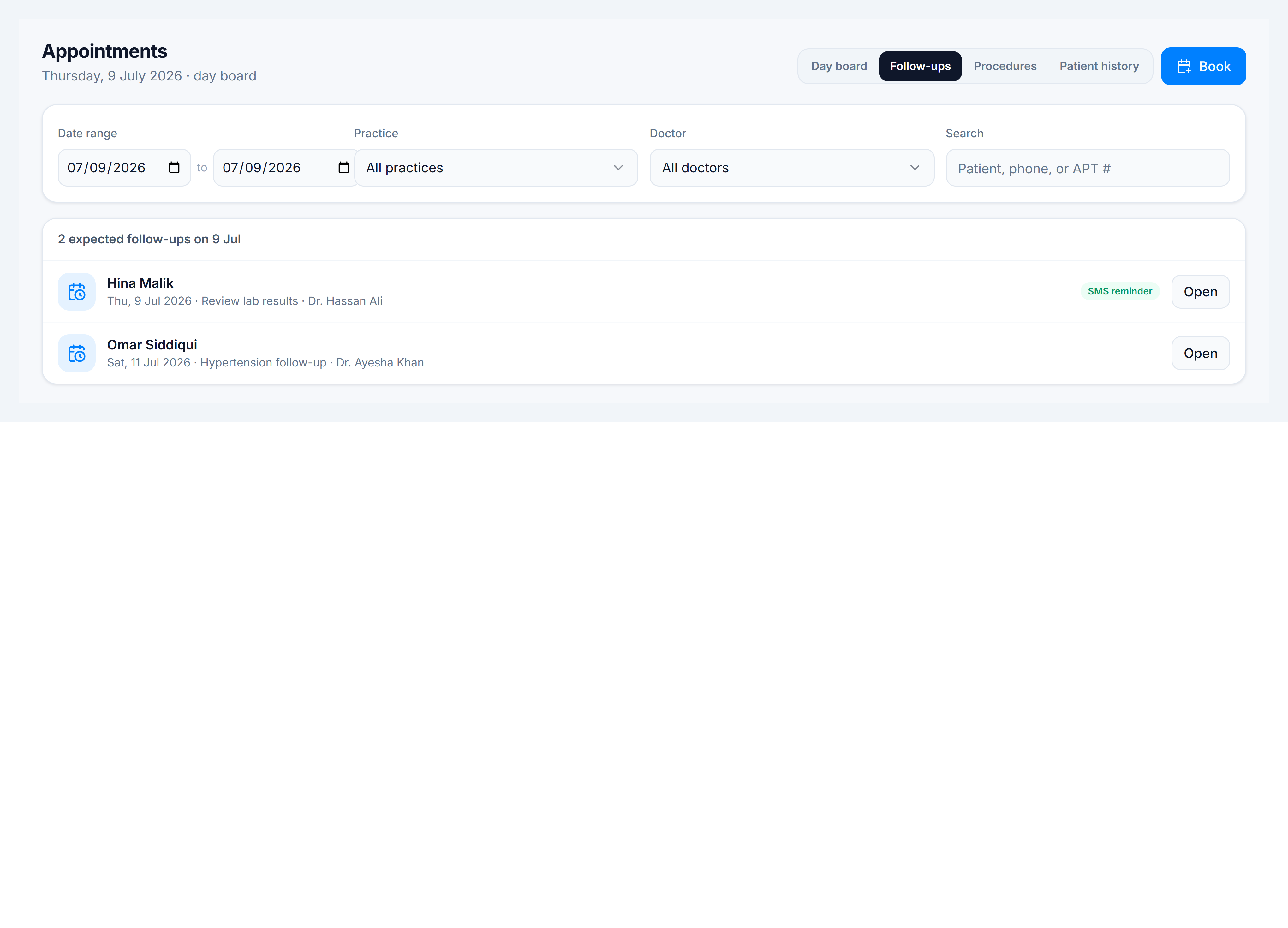 Appointments Follow-ups tab — expected return visits with patient, date, and reason