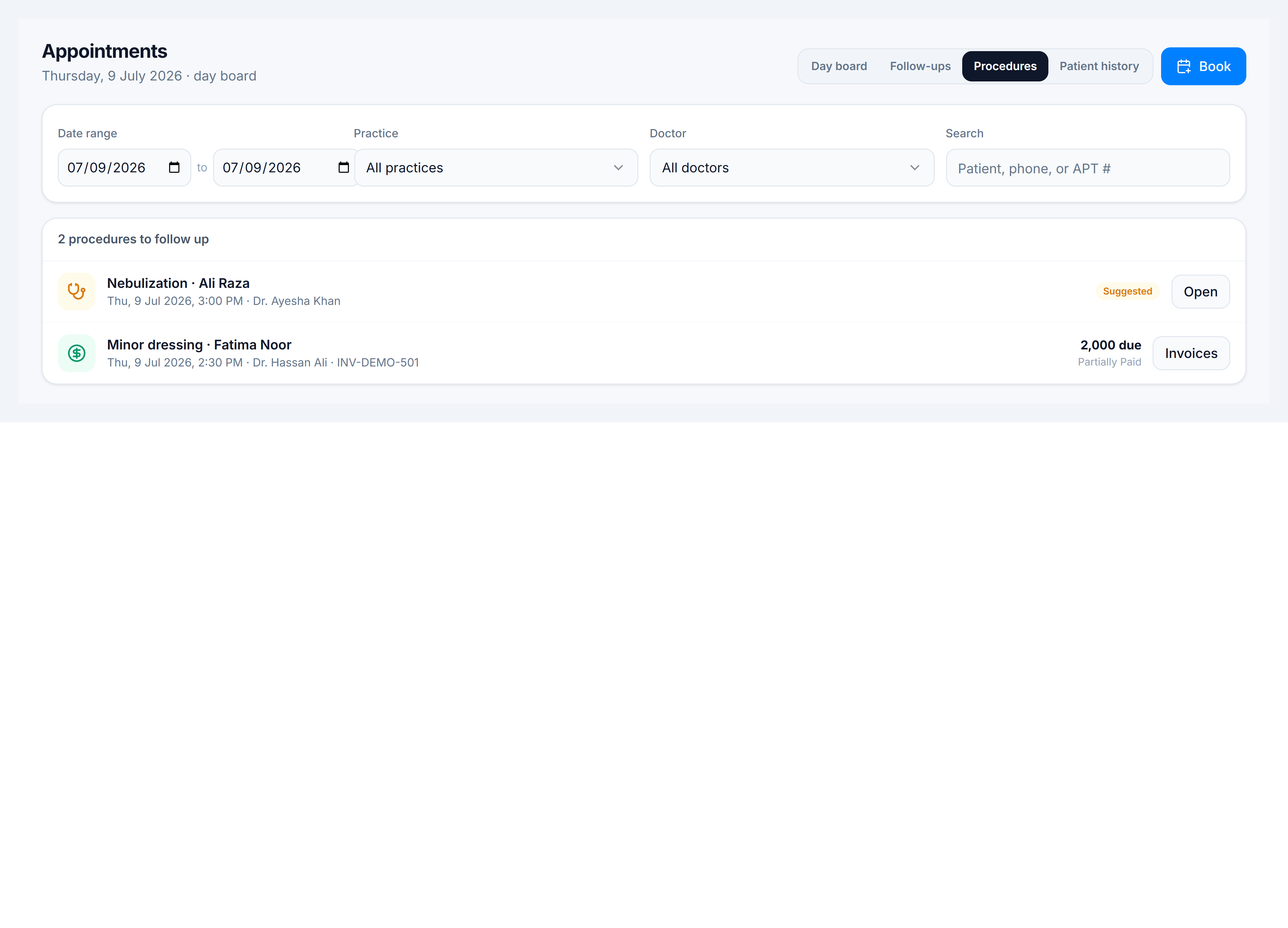 Appointments Procedures tab — suggested procedures and invoice balances