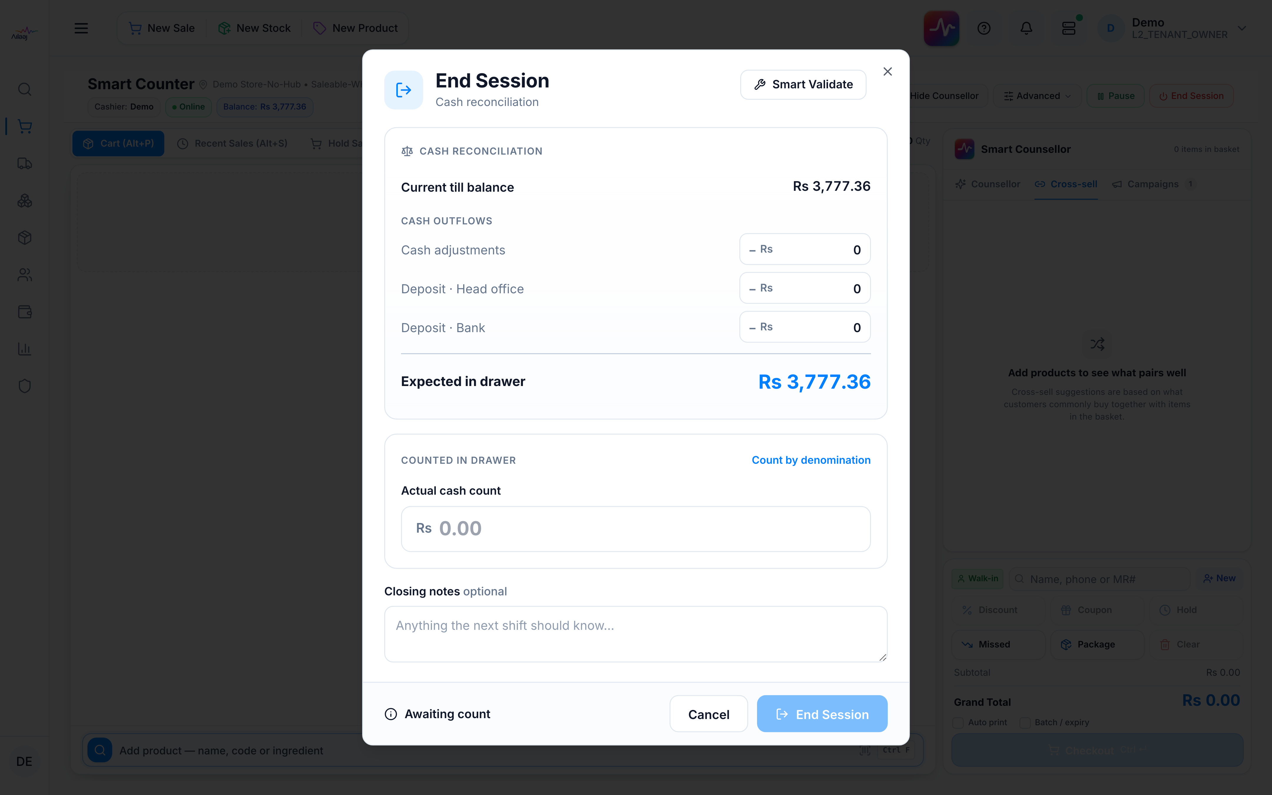 End Session dialog — current balance, deposits, expected closing balance, and actual cash count