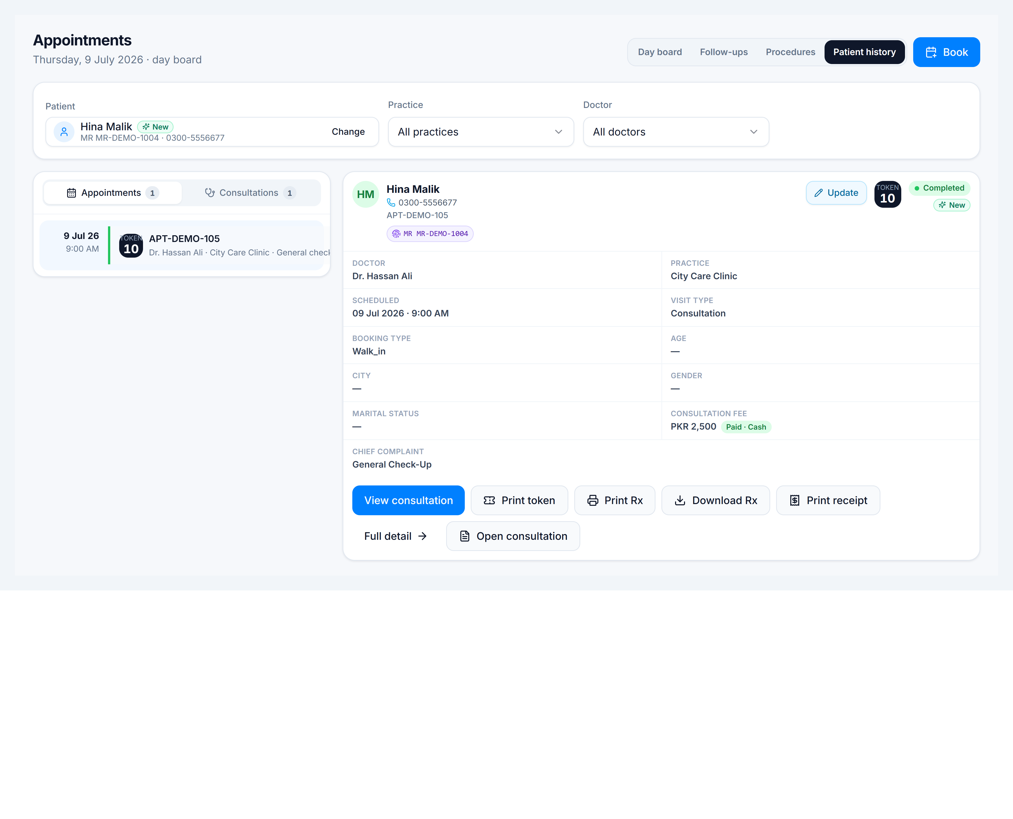 Appointments Patient history tab — patient selector and appointment timeline