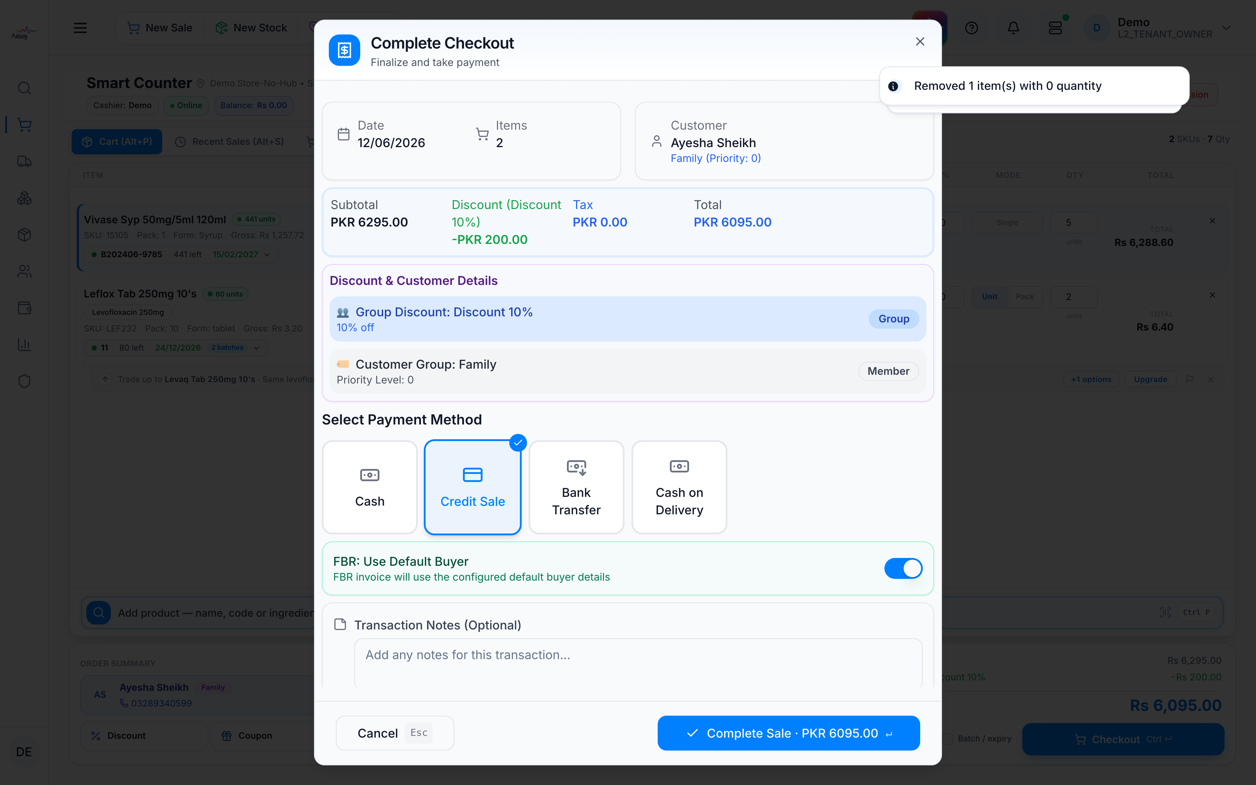 Checkout payment dialog — payment method, Cash Received, Change, Grand Total