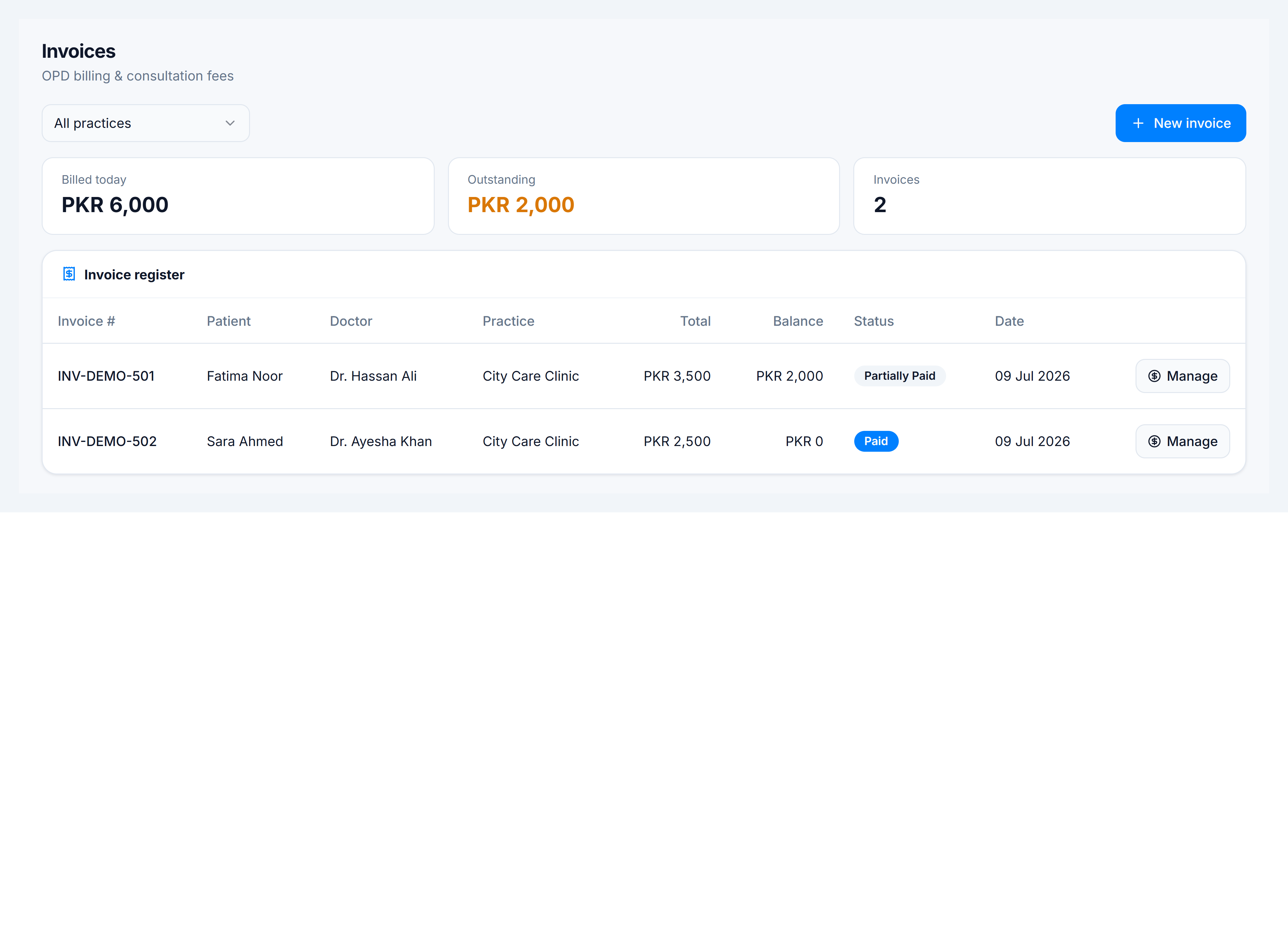 OPD invoices — summary cards and invoice register table