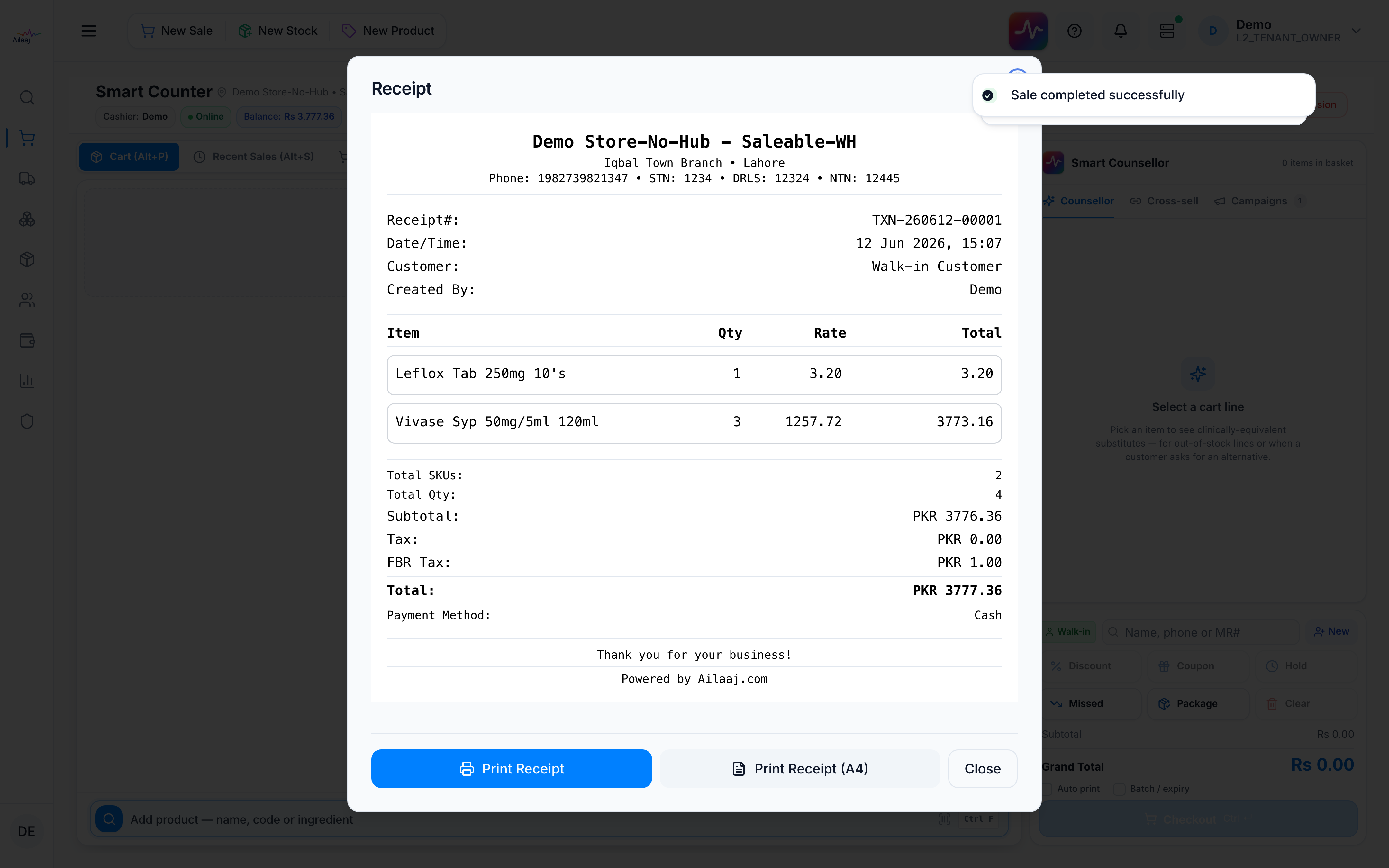 Sale Completed Successfully dialog with Print Receipt and Start New Sale