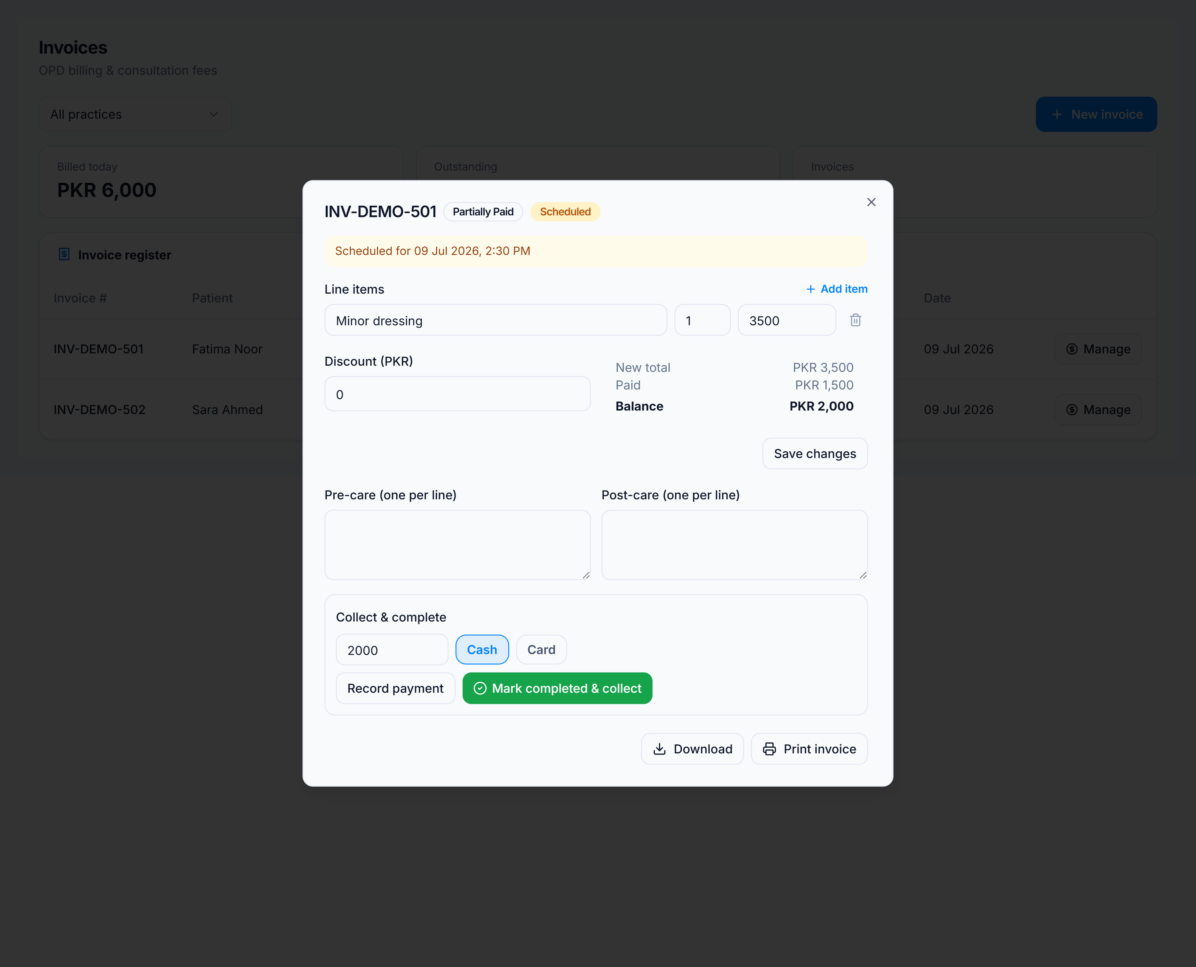 Manage invoice dialog — record payment against procedure invoice