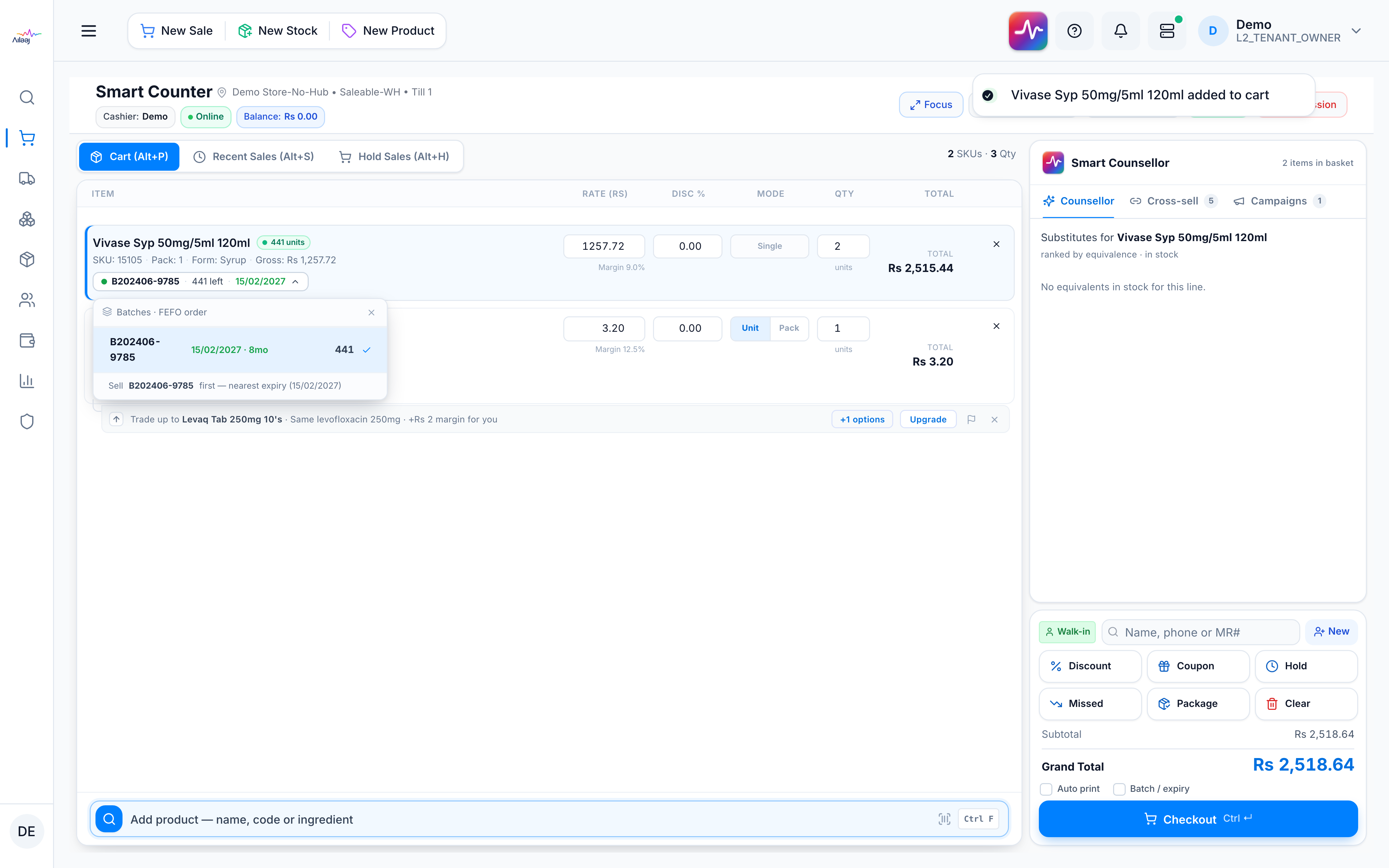 Batch popover on a cart line — batches listed in FEFO order with stock and expiry