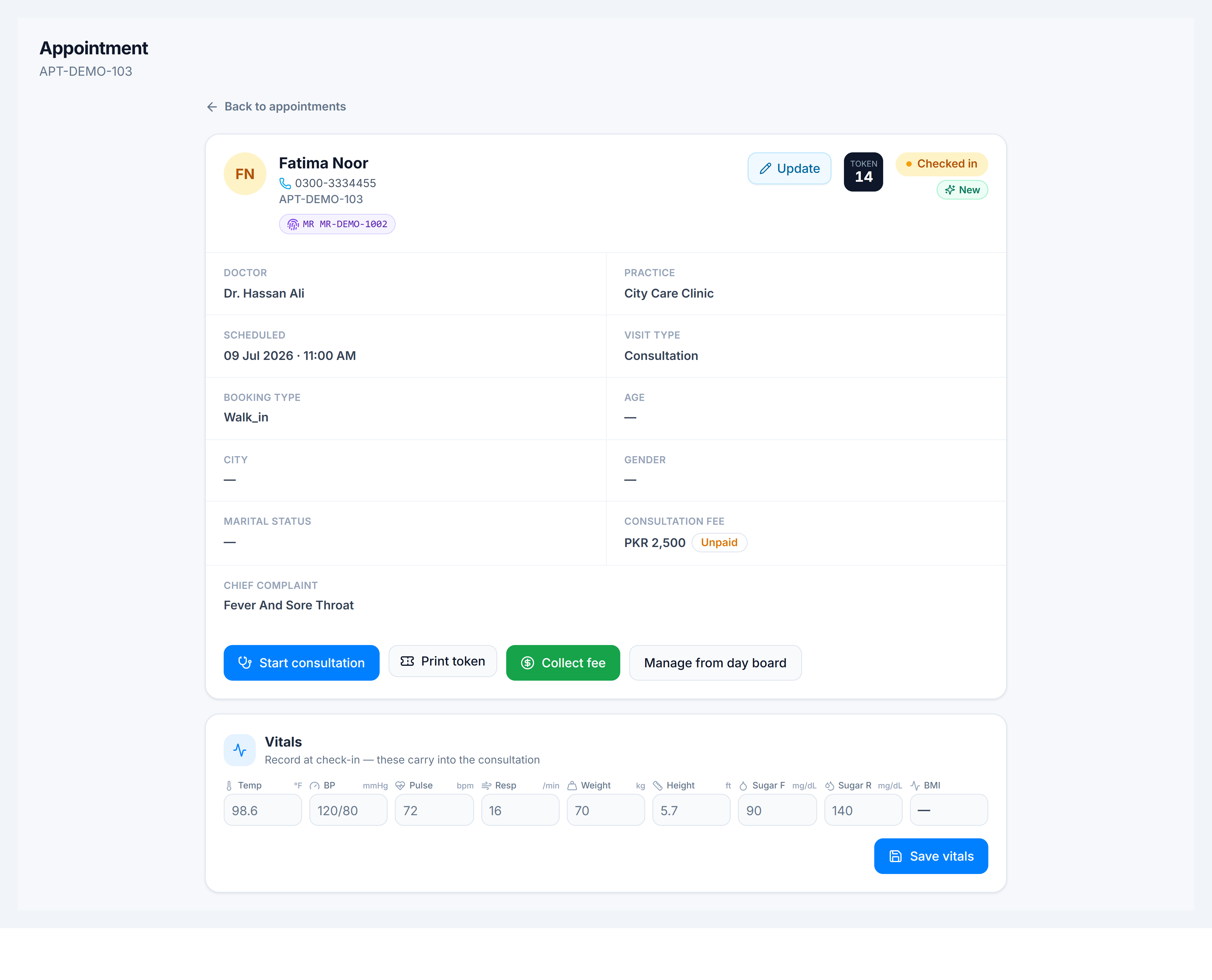 Appointment detail — summary card, vitals section, and action buttons