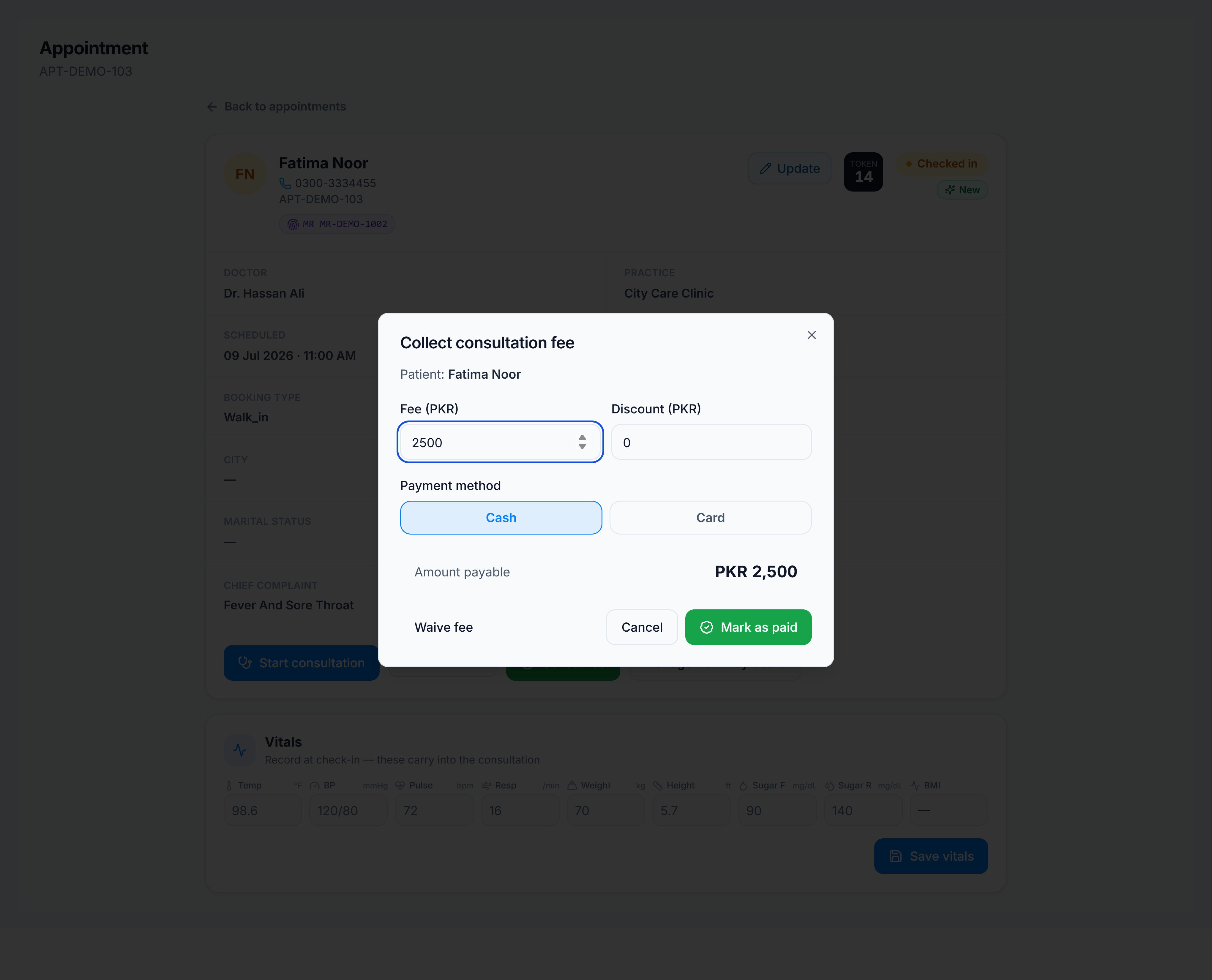 Collect consultation fee dialog — fee, discount, and payment method