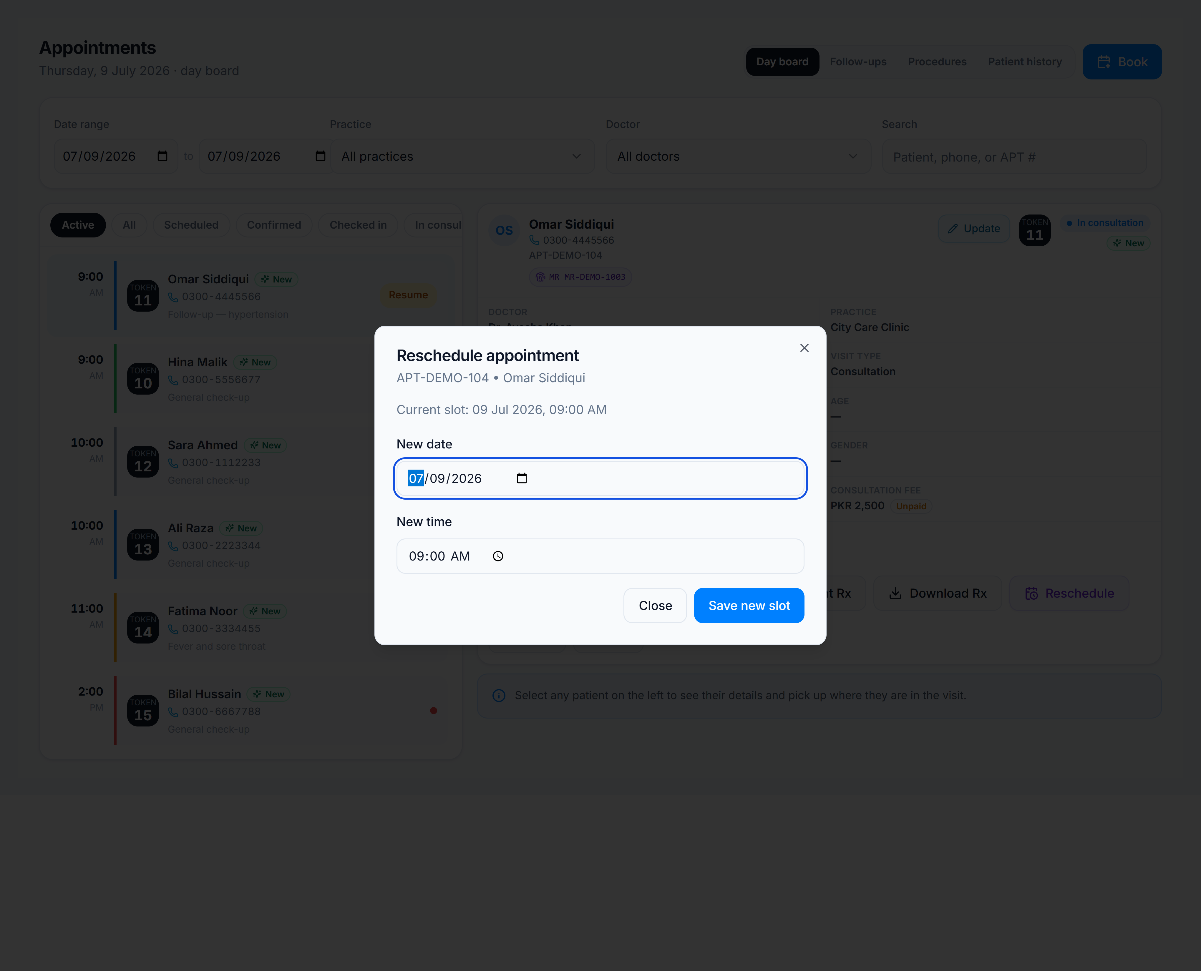 Reschedule appointment dialog — new date and time picker