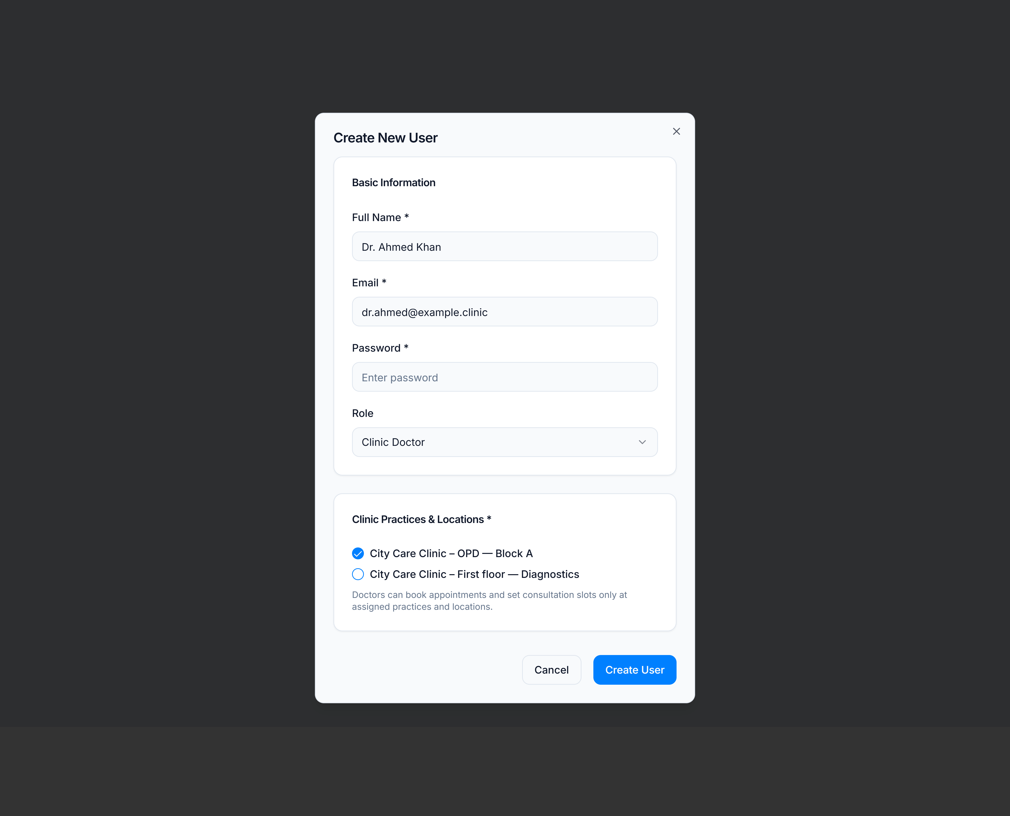 Create user — Clinic Doctor with practice location assigned