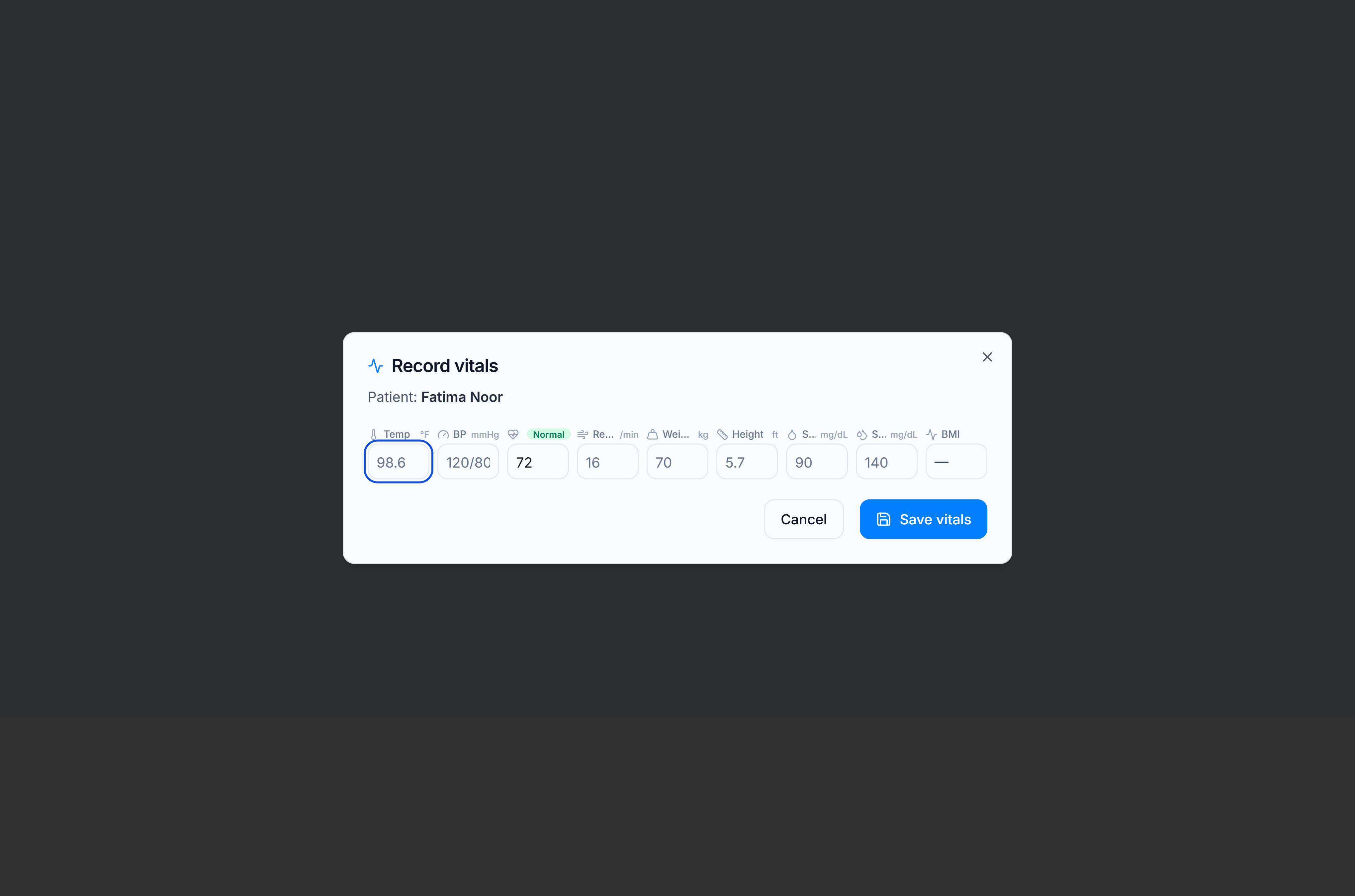 Record vitals dialog — weight, BP, pulse, and temperature fields
