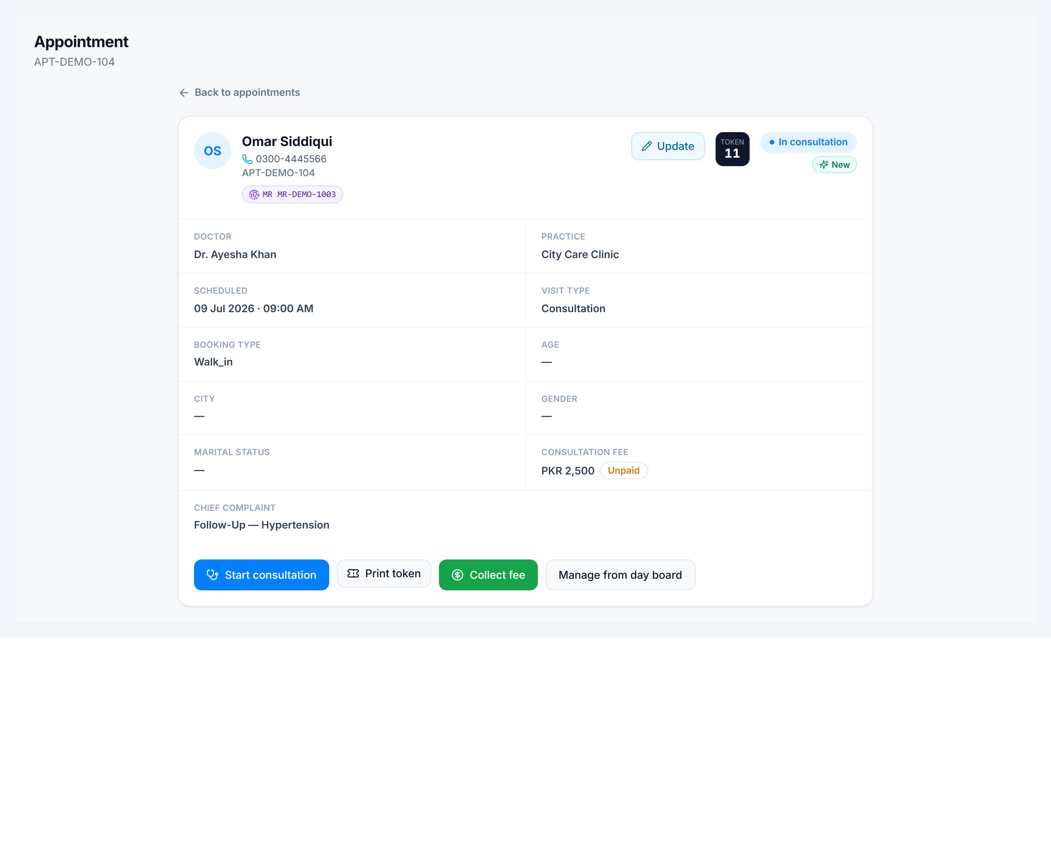 Appointment detail — Print token, Print Rx, and Print receipt action buttons