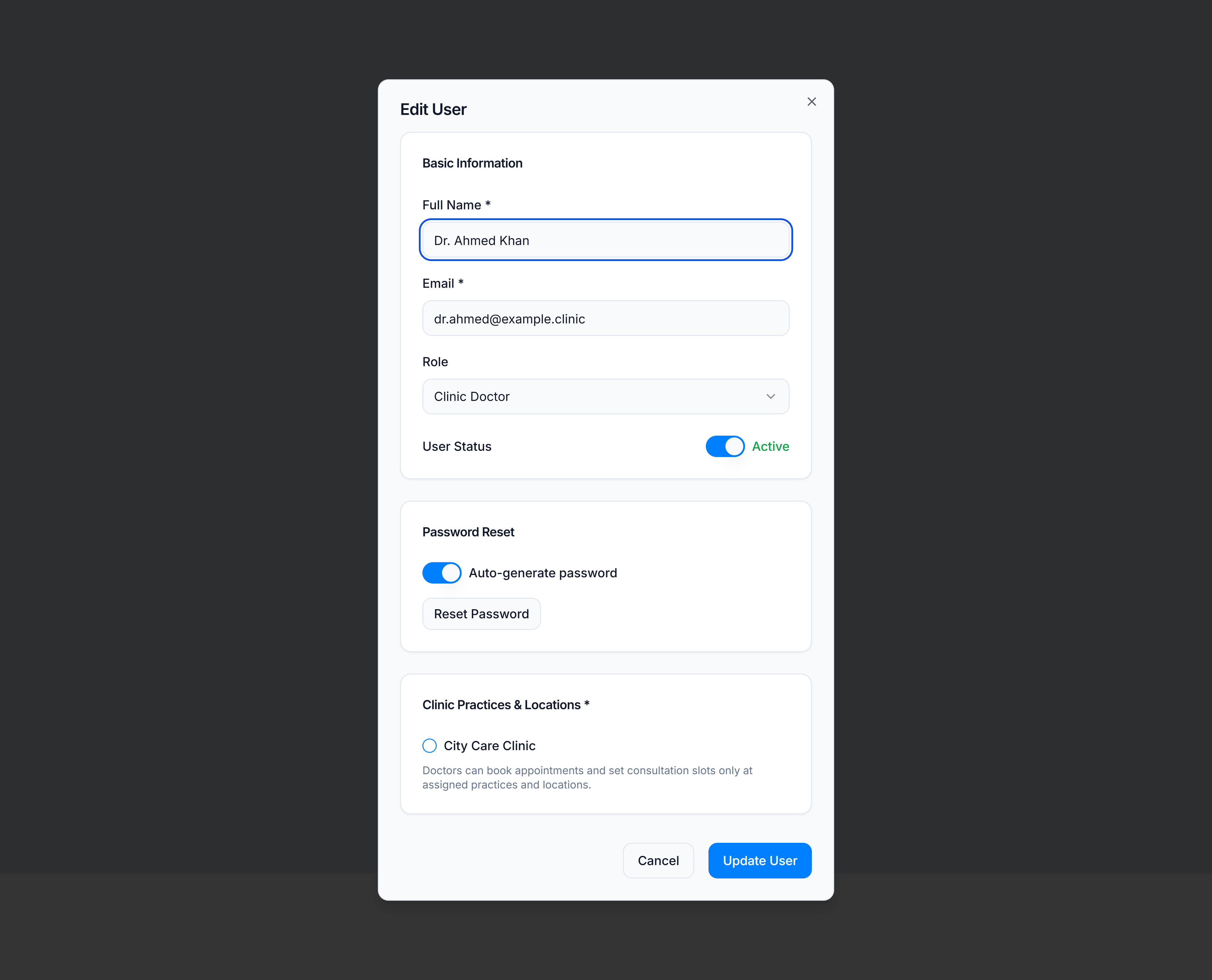 Edit user dialog — Clinic Doctor with practice locations checked