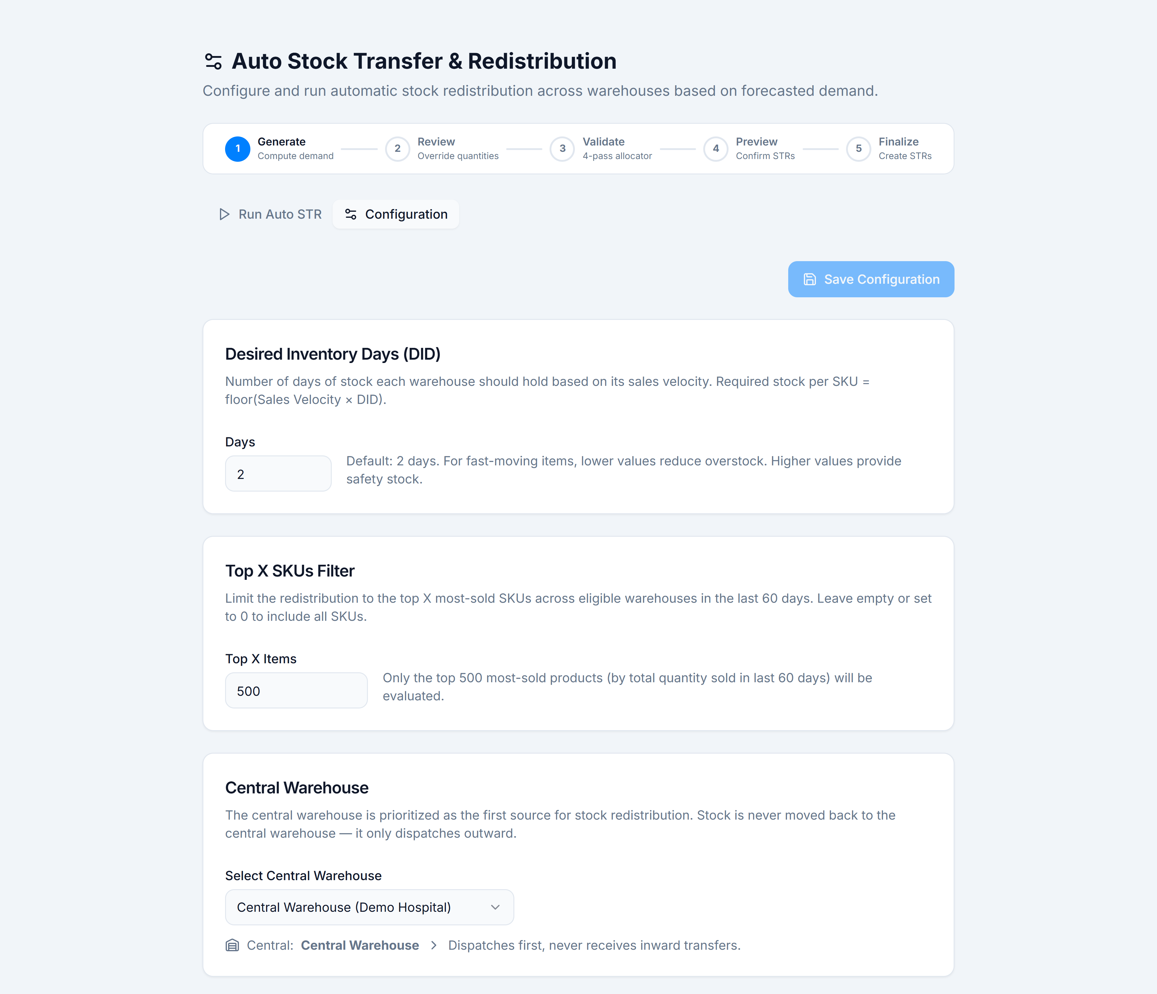 Configuration tab — DID, Central Warehouse, eligible warehouses including IPD Block B and IPD Block C