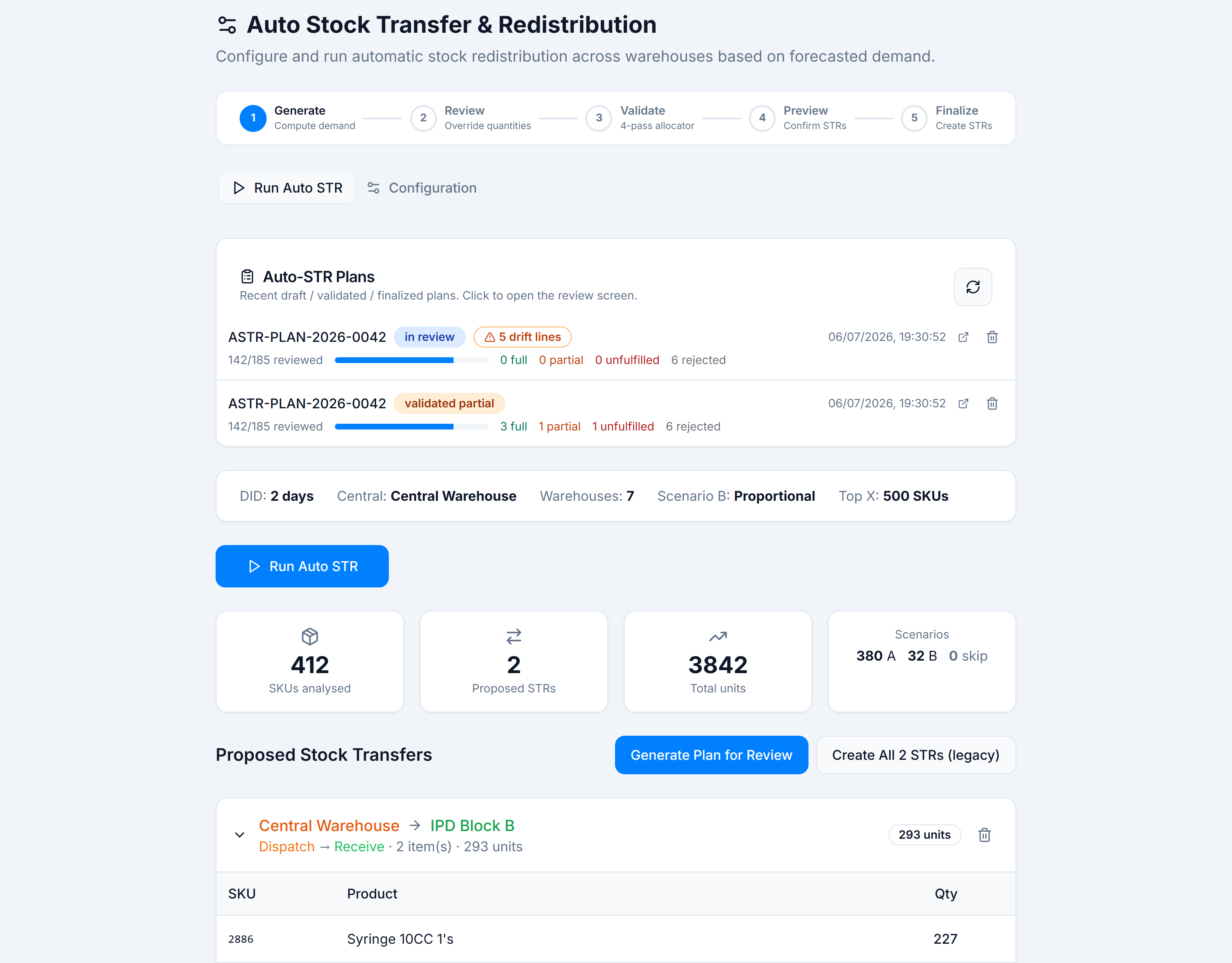 Proposed STR summary cards and Generate Plan for Review button