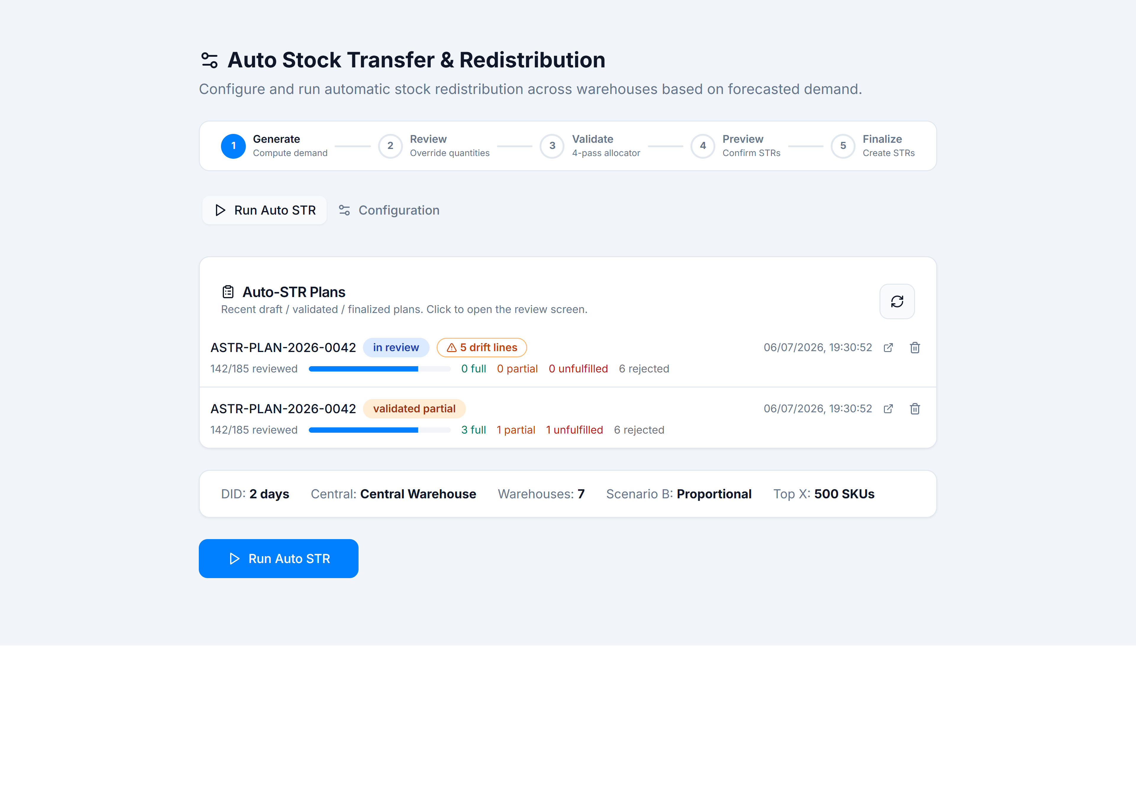 Auto STR Run tab — five-stage timeline, recent plans widget, Run Auto STR button, and configuration summary bar