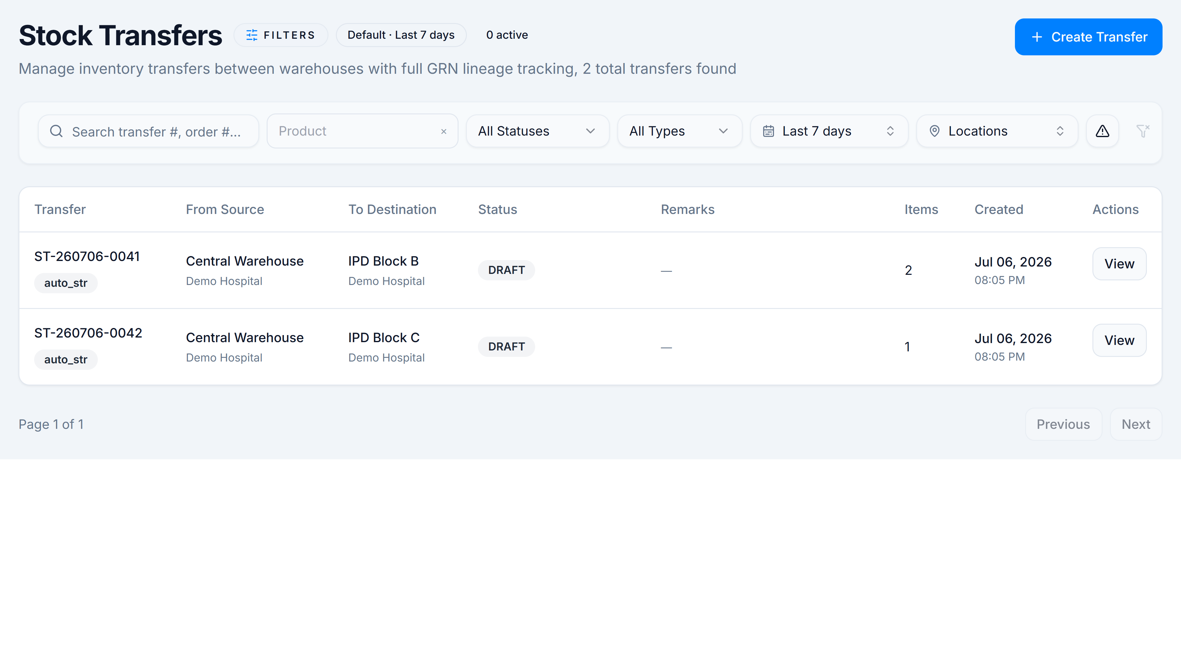 Stock Transfers list showing newly created Auto STR transfers