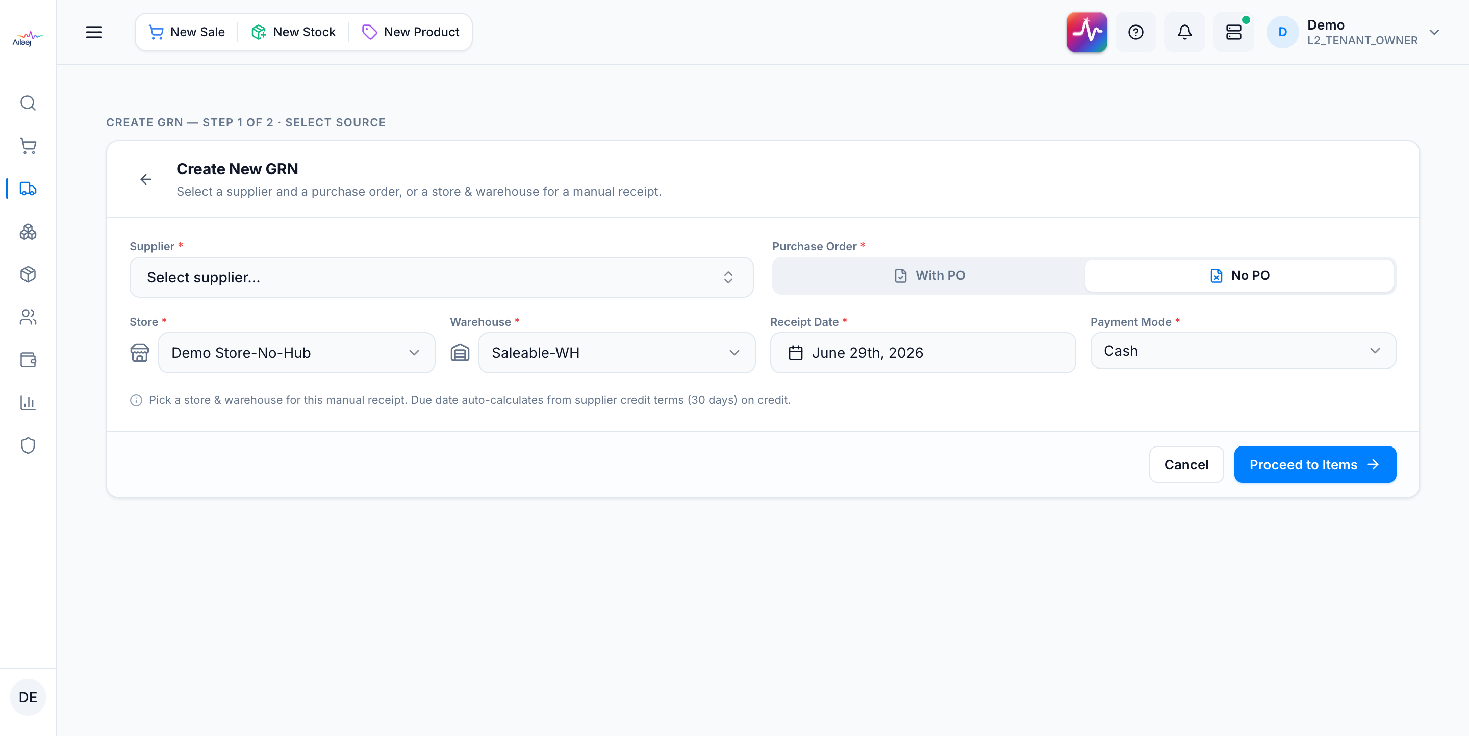 The Create New GRN form: a With-PO / No-PO source toggle, the supplier and store/warehouse selectors, receipt date, payment mode, and a Proceed to Items button.