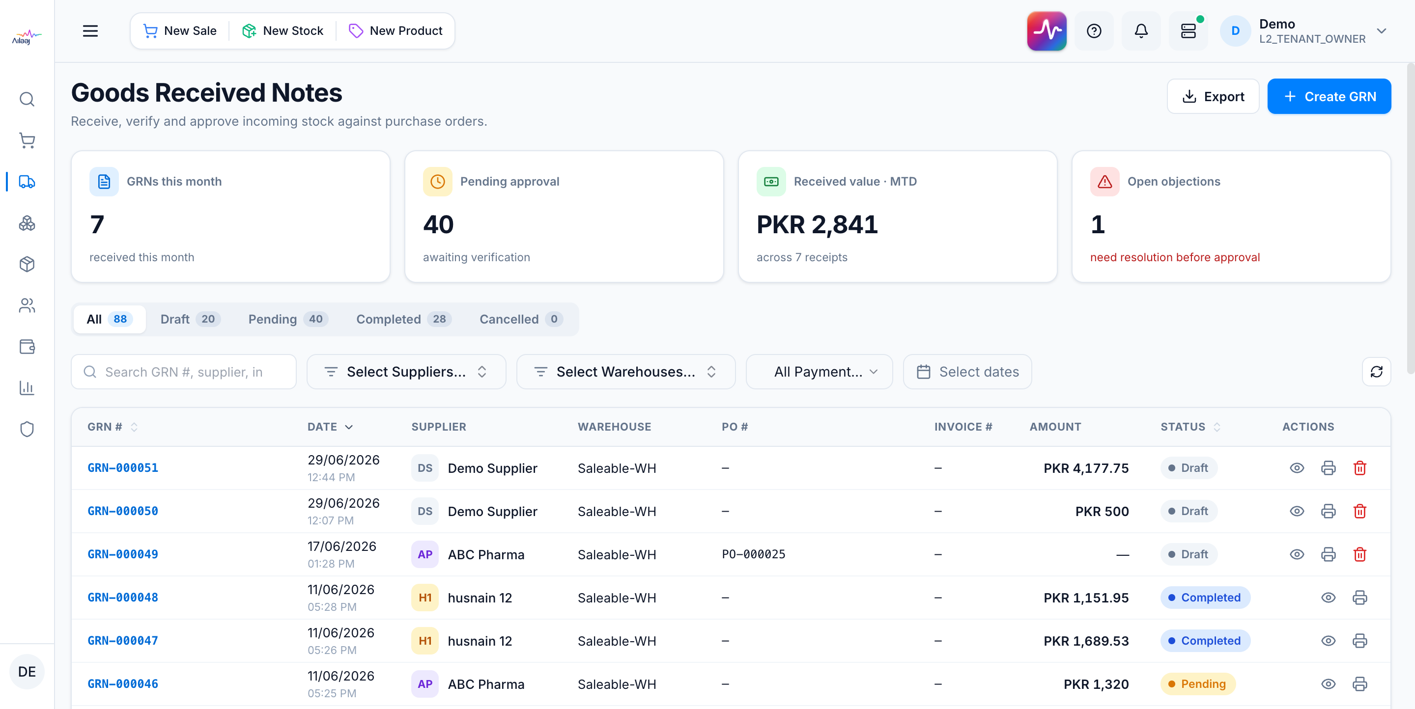The Goods Received Notes list: a KPI strip (GRNs this month, Pending approval, Received value MTD, Open objections), status tabs, a filter bar, and rows with colored status pills.