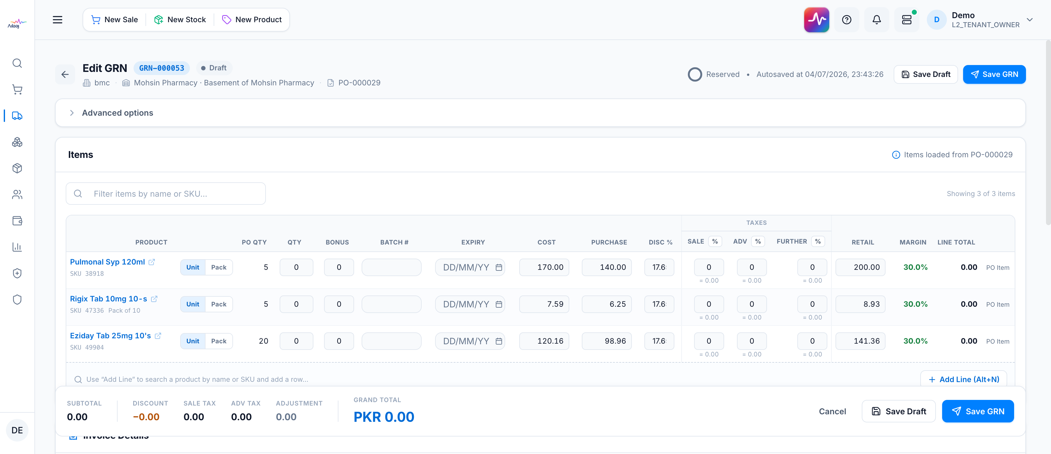 The Process GRN screen: header with Save Draft and Save GRN, a batch/expiry validation banner, and the item table with a per-line Unit/Pack toggle and grouped Sale/Adv/Further tax columns.