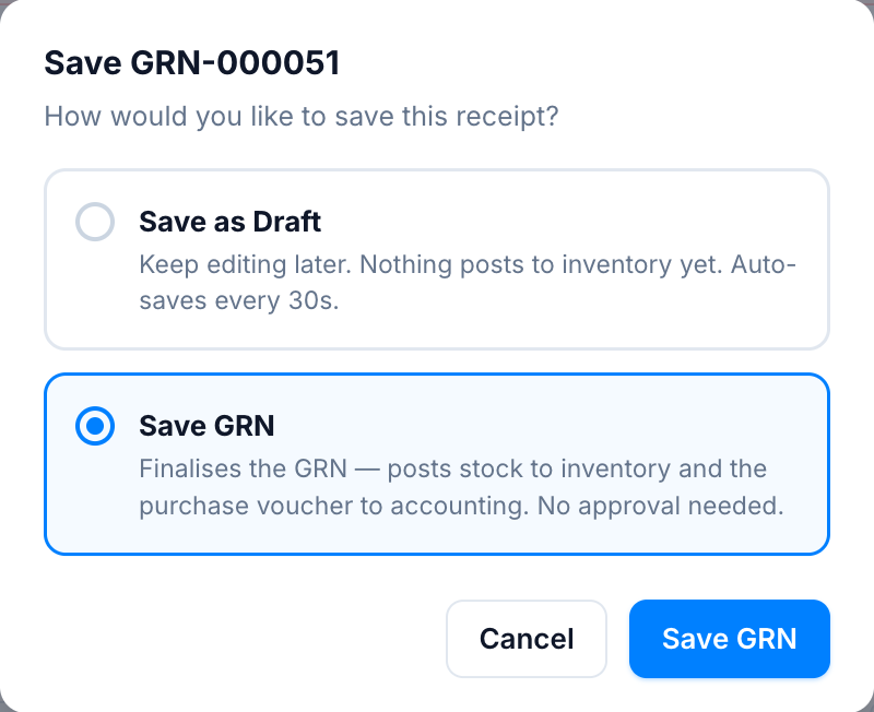 The save confirmation dialog with two options: Save as Draft (nothing posts) and Save GRN (finalises, posts stock and the purchase voucher, no approval needed).